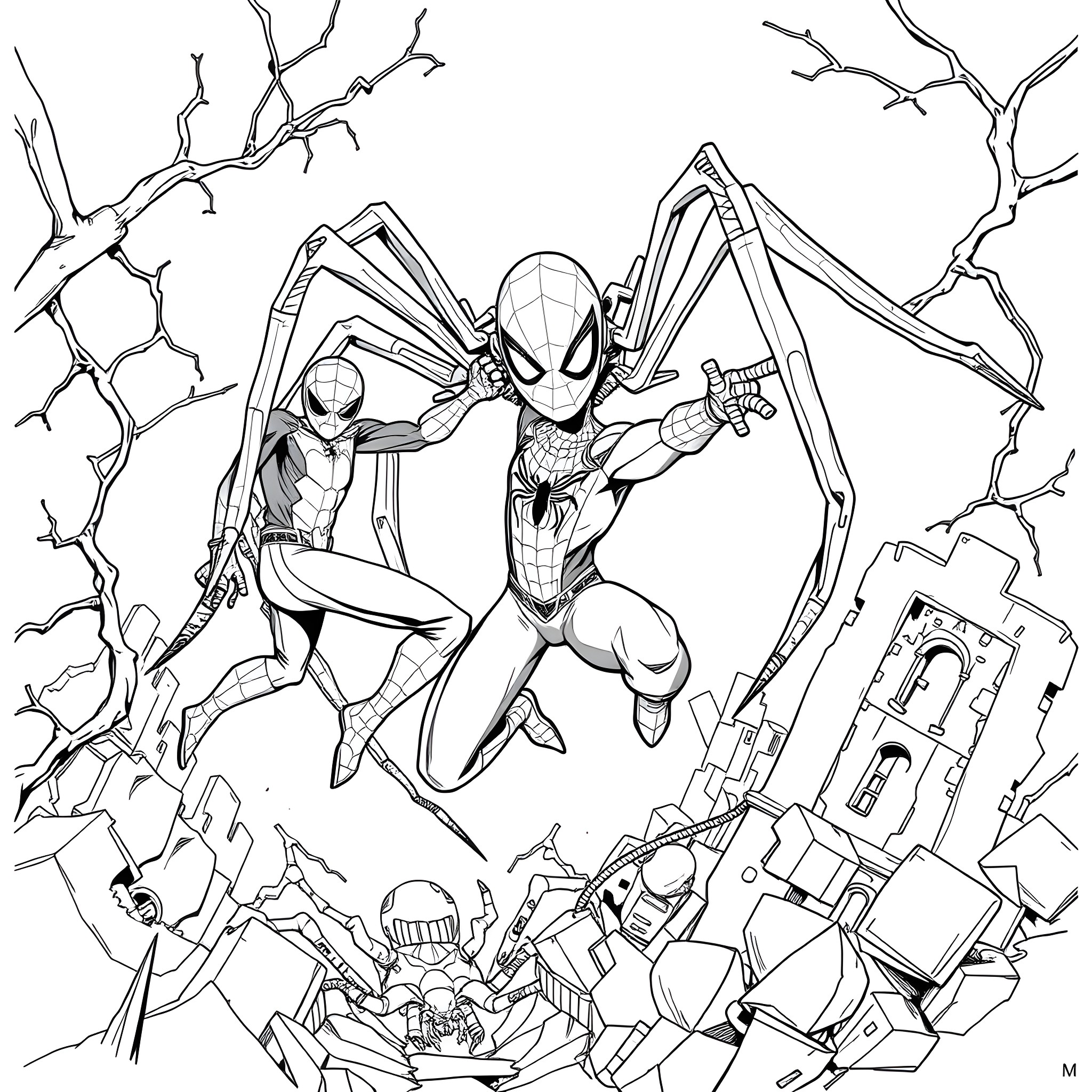 Spider-Man fighting villains in action-packed scene Coloring Page (free black-and-white line drawing printable PDF for all, from beginners to advanced learners, including children, teens, adults, and seniors)