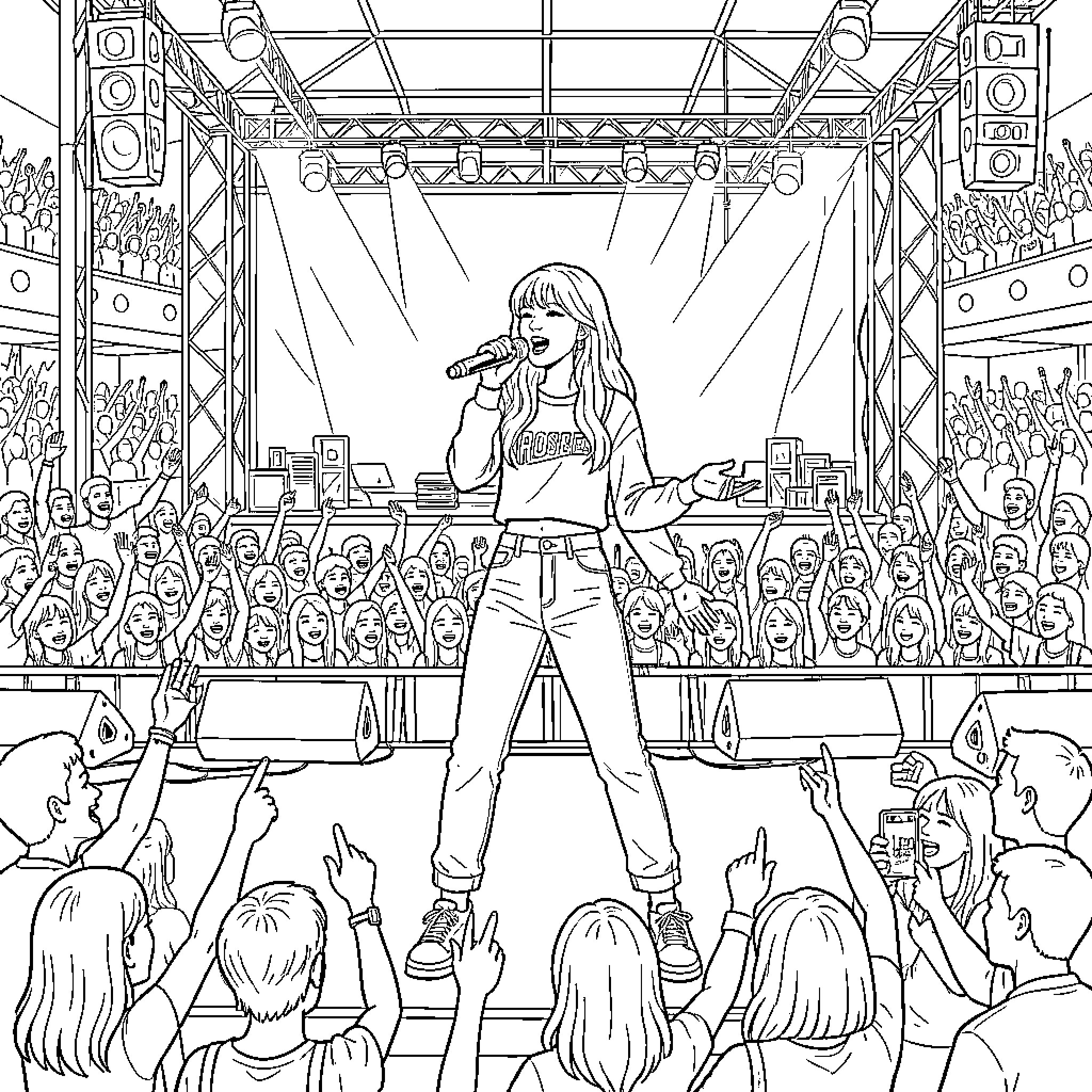 Rose performing energetically on stage for a cheering crowd Coloring Page (free black-and-white line drawing printable PDF for all, from beginners to advanced learners, including children, teens, adults, and seniors)