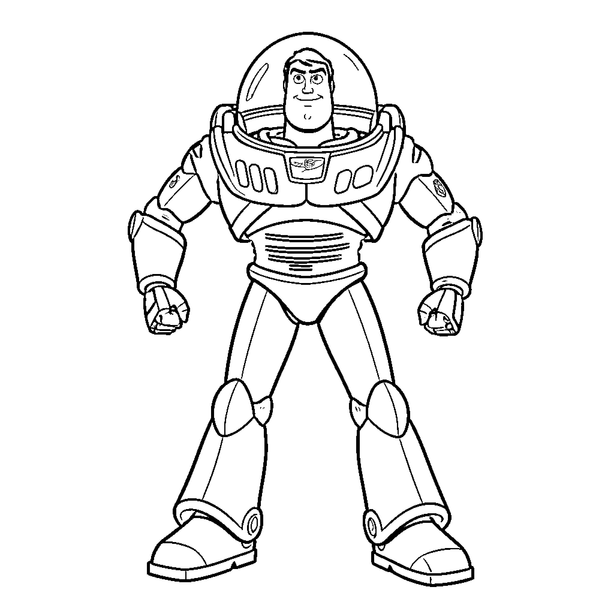 Buzz Lightyear standing heroically in his space suit Coloring Page (free black-and-white line drawing printable PDF for all, from beginners to advanced learners, including children, teens, adults, and seniors)
