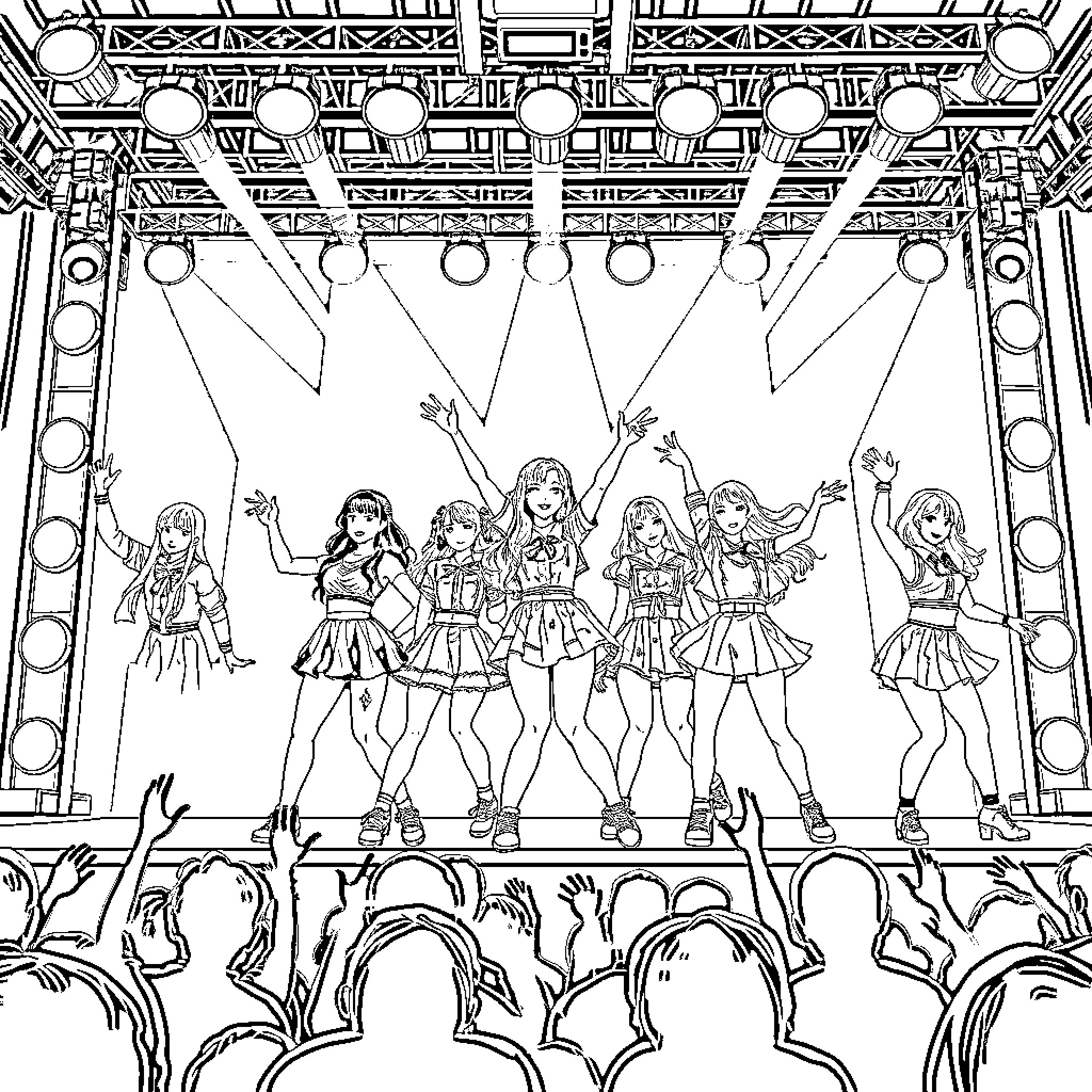 K-pop Girl Group Performing on Stage with Elaborate Set Coloring Page (free black-and-white line drawing printable PDF for all, from beginners to advanced learners, including children, teens, adults, and seniors)