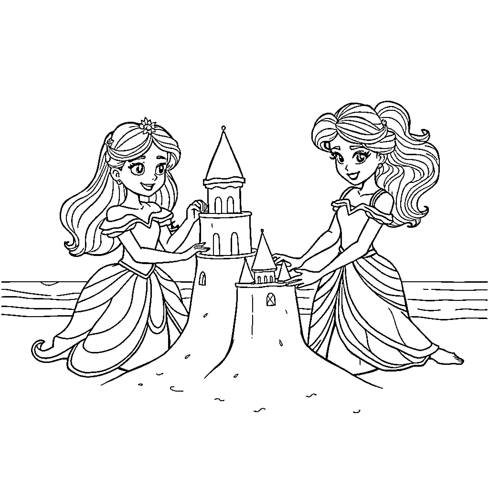 Princess Duo Building Sandcastle at the Beach Coloring Page (free black-and-white line drawing printable PDF for all, from beginners to advanced learners, including children, teens, adults, and seniors)