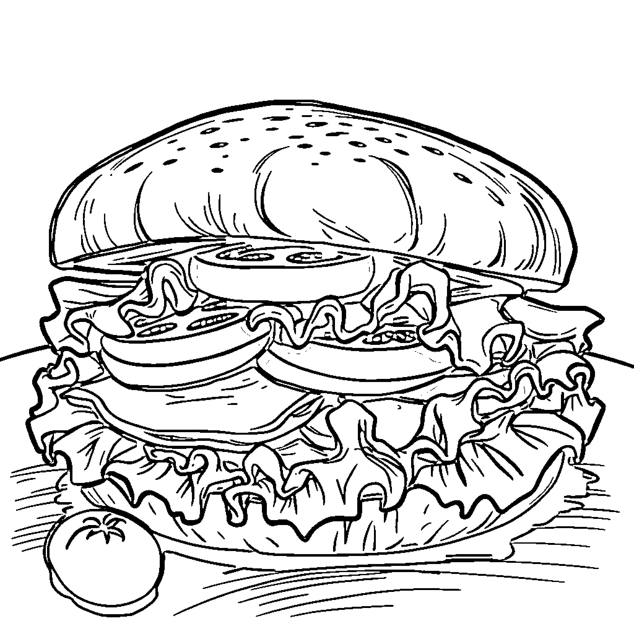 Sandwich with Distinctive Details Coloring Page (free black-and-white line drawing printable PDF for all, from beginners to advanced learners, including children, teens, adults, and seniors)
