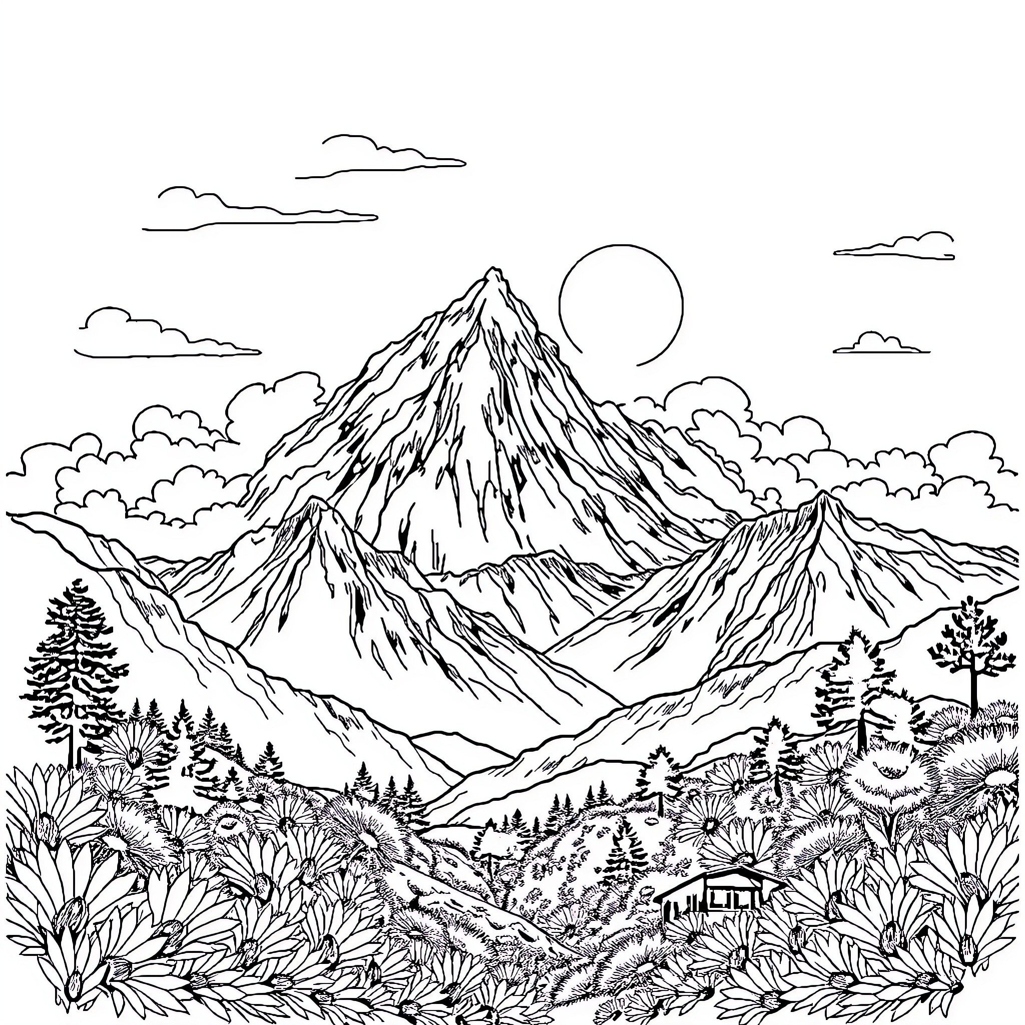 View of Majestic Mountain Landscape Coloring Page (free black-and-white line drawing printable PDF for all, from beginners to advanced learners, including children, teens, adults, and seniors)