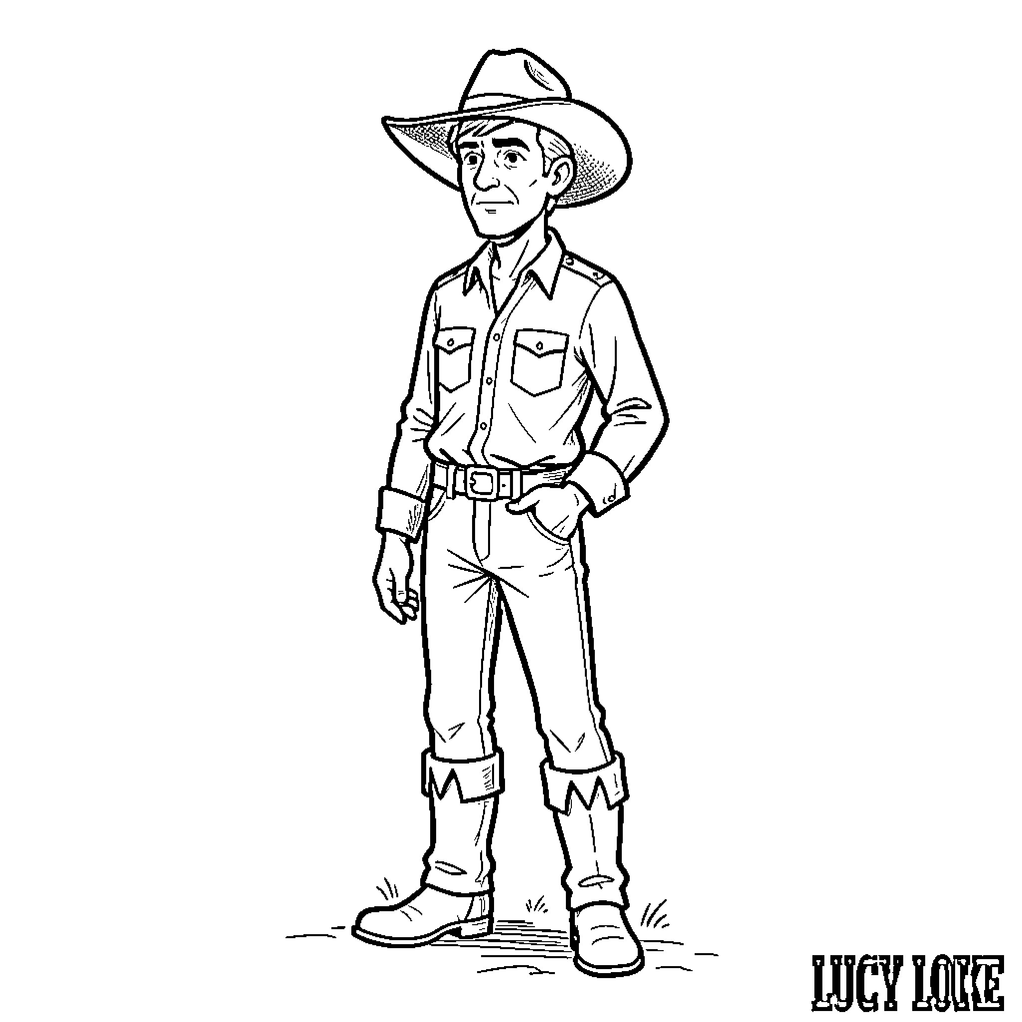 Lucky Luke standing confidently in cowboy attire Coloring Page (free black-and-white line drawing printable PDF for all, from beginners to advanced learners, including children, teens, adults, and seniors)