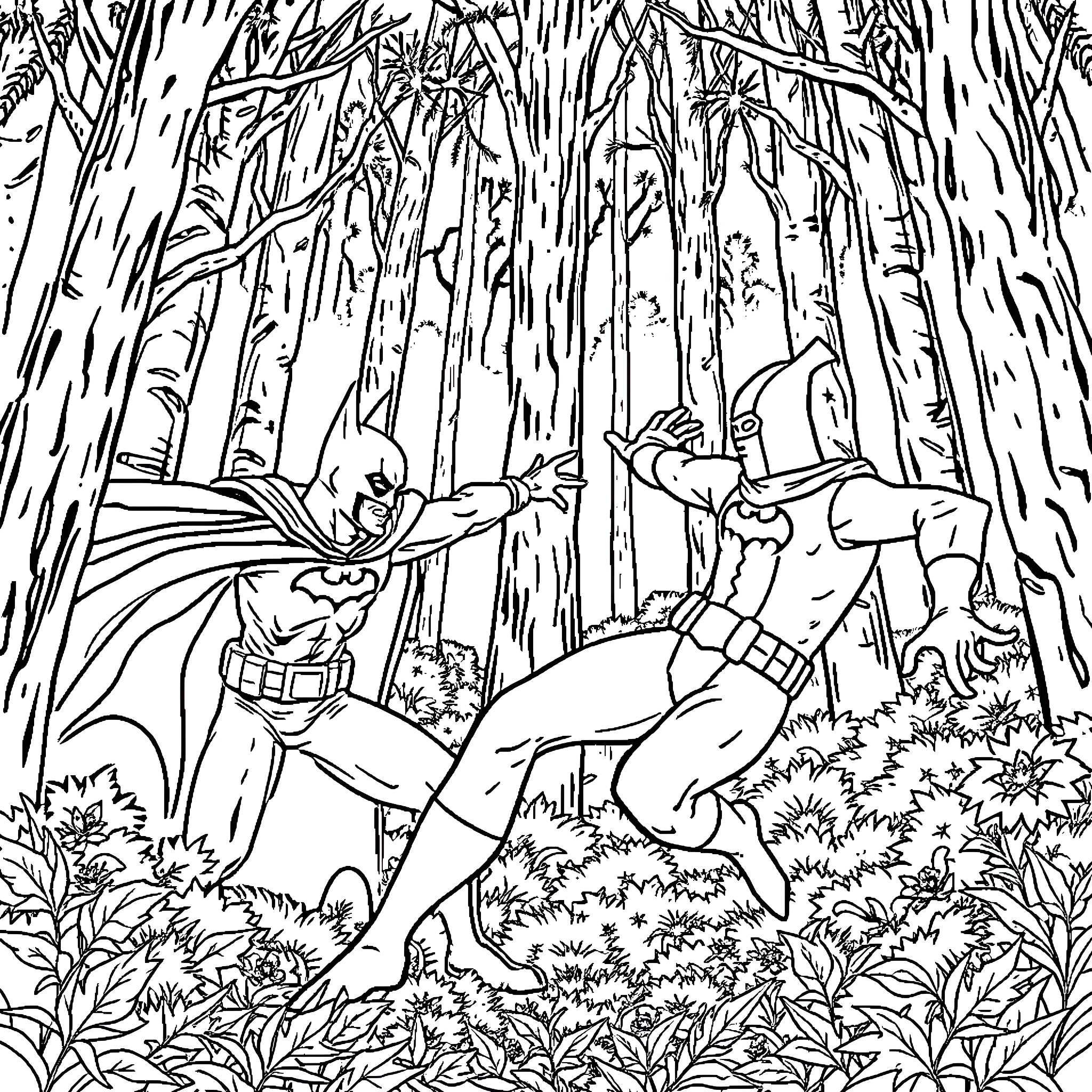 Bananaman Battling Supervillain in Jungle Coloring Page (free black-and-white line drawing printable PDF for all, from beginners to advanced learners, including children, teens, adults, and seniors)