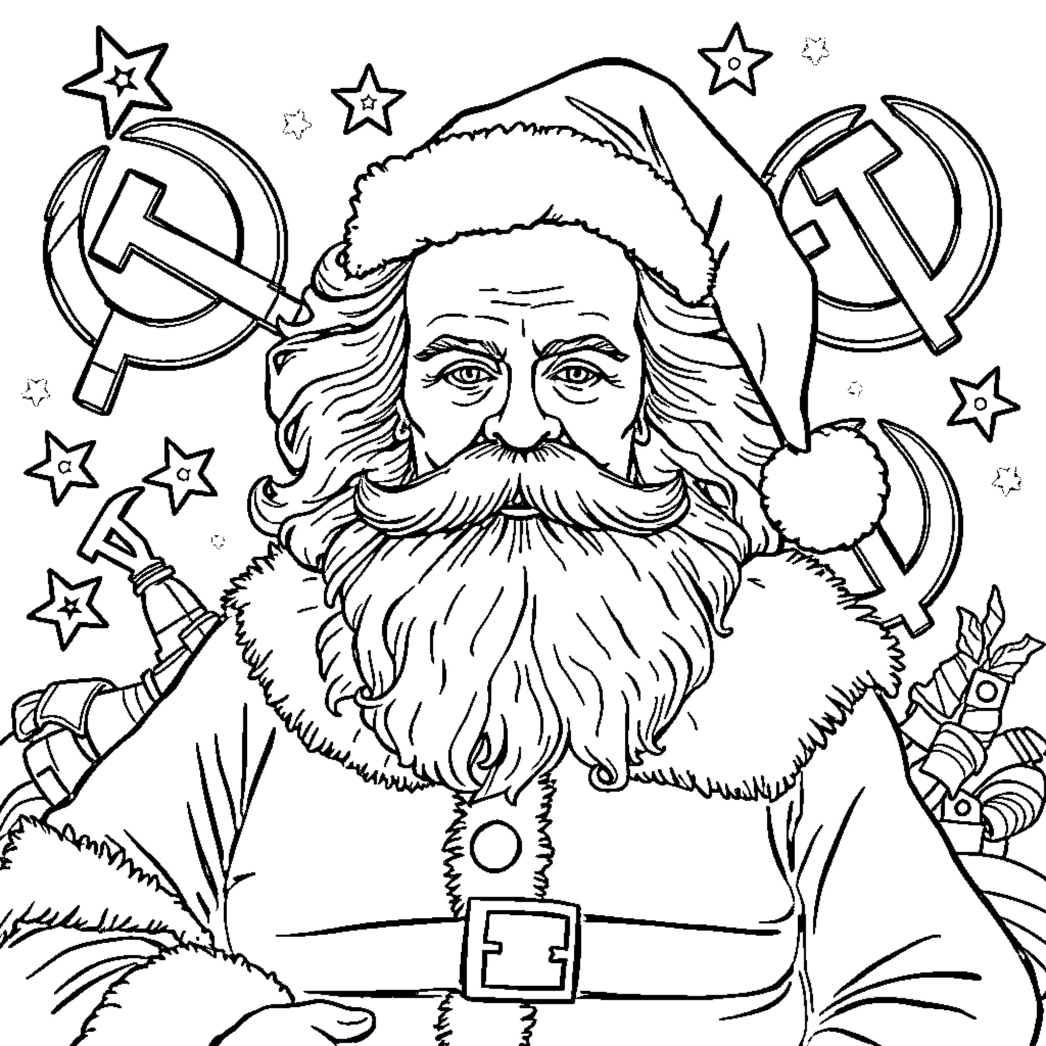 Karl Marx as a festive Santa Claus with communist symbols Coloring Page (free black-and-white line drawing printable PDF for all, from beginners to advanced learners, including children, teens, adults, and seniors)