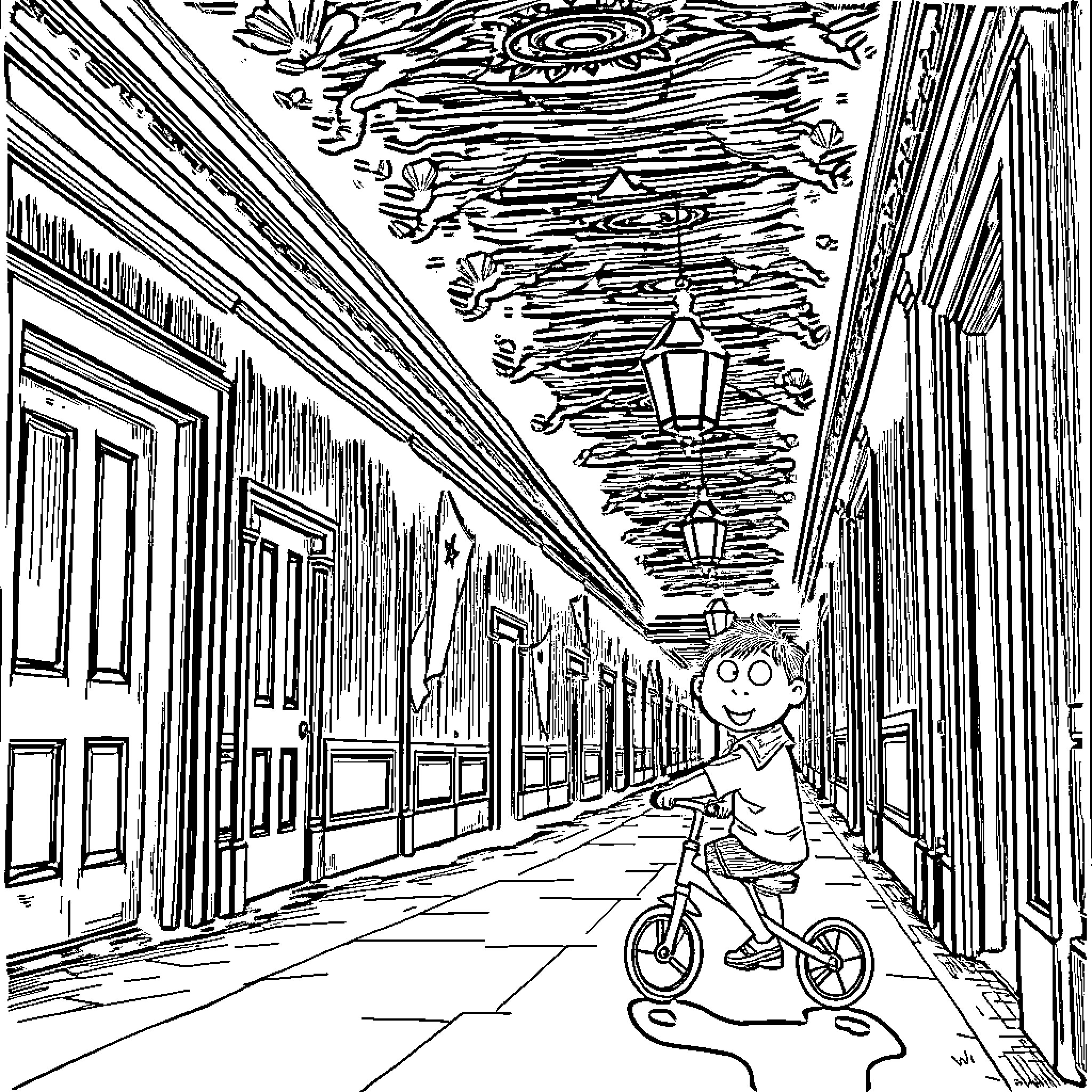 The Shining: Child Riding Tricycle in Eerie Hallway Coloring Page (free black-and-white line drawing printable PDF for all, from beginners to advanced learners, including children, teens, adults, and seniors)