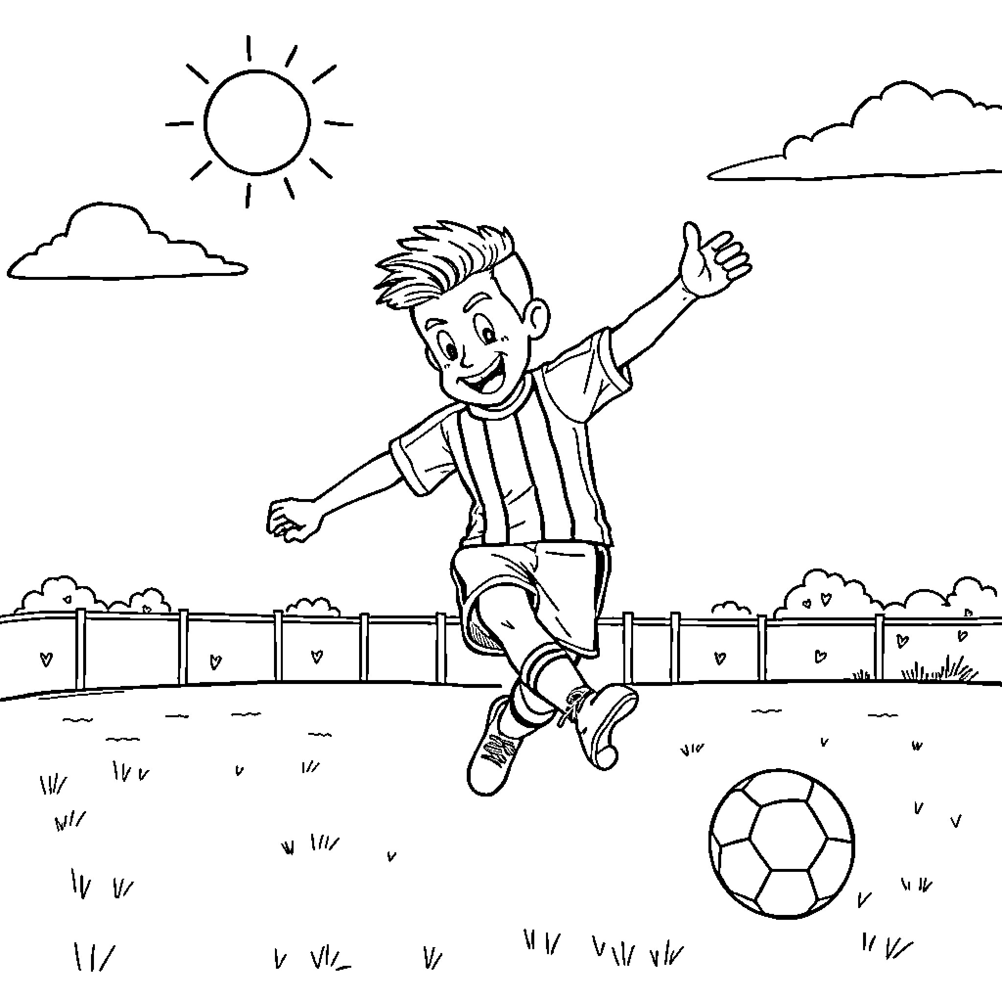 Sinom Boy Joyfully Kicking Soccer Ball Coloring Page (free black-and-white line drawing printable PDF for all, from beginners to advanced learners, including children, teens, adults, and seniors)