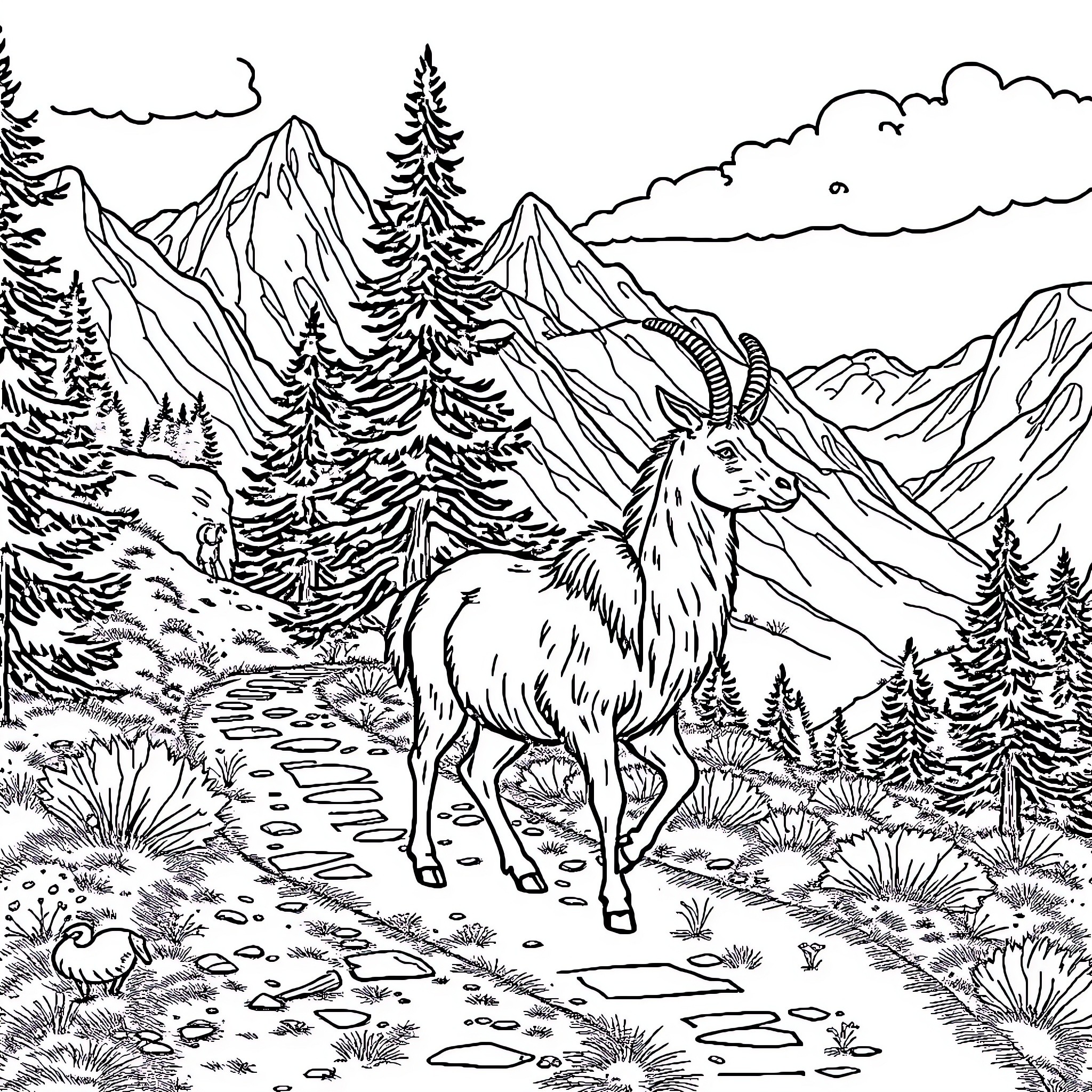 Donkey standing amidst mountains and forest scenery Coloring Page (free black-and-white line drawing printable PDF for all, from beginners to advanced learners, including children, teens, adults, and seniors)