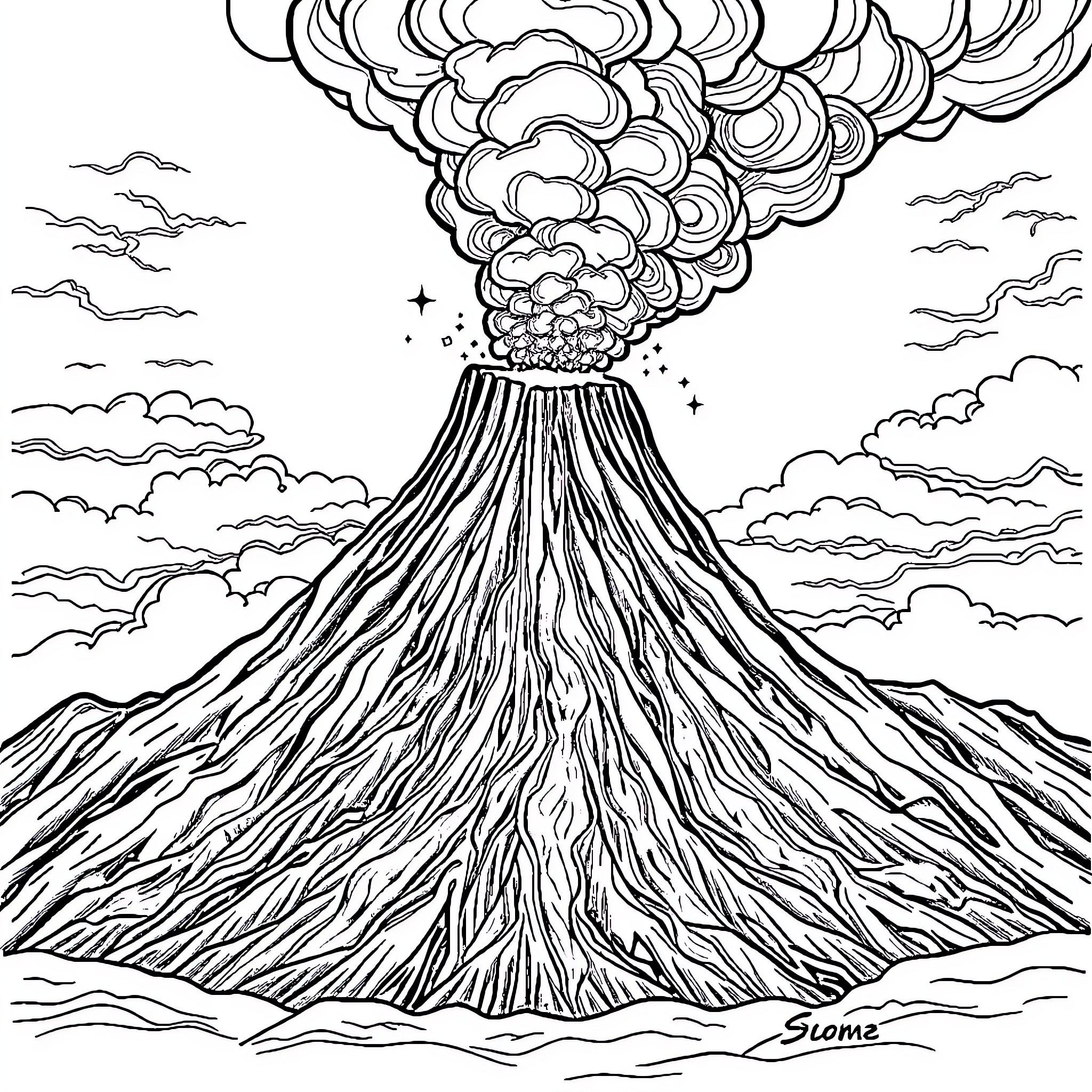 Volcano erupting with dramatic clouds and lightning Coloring Page (free black-and-white line drawing printable PDF for all, from beginners to advanced learners, including children, teens, adults, and seniors)
