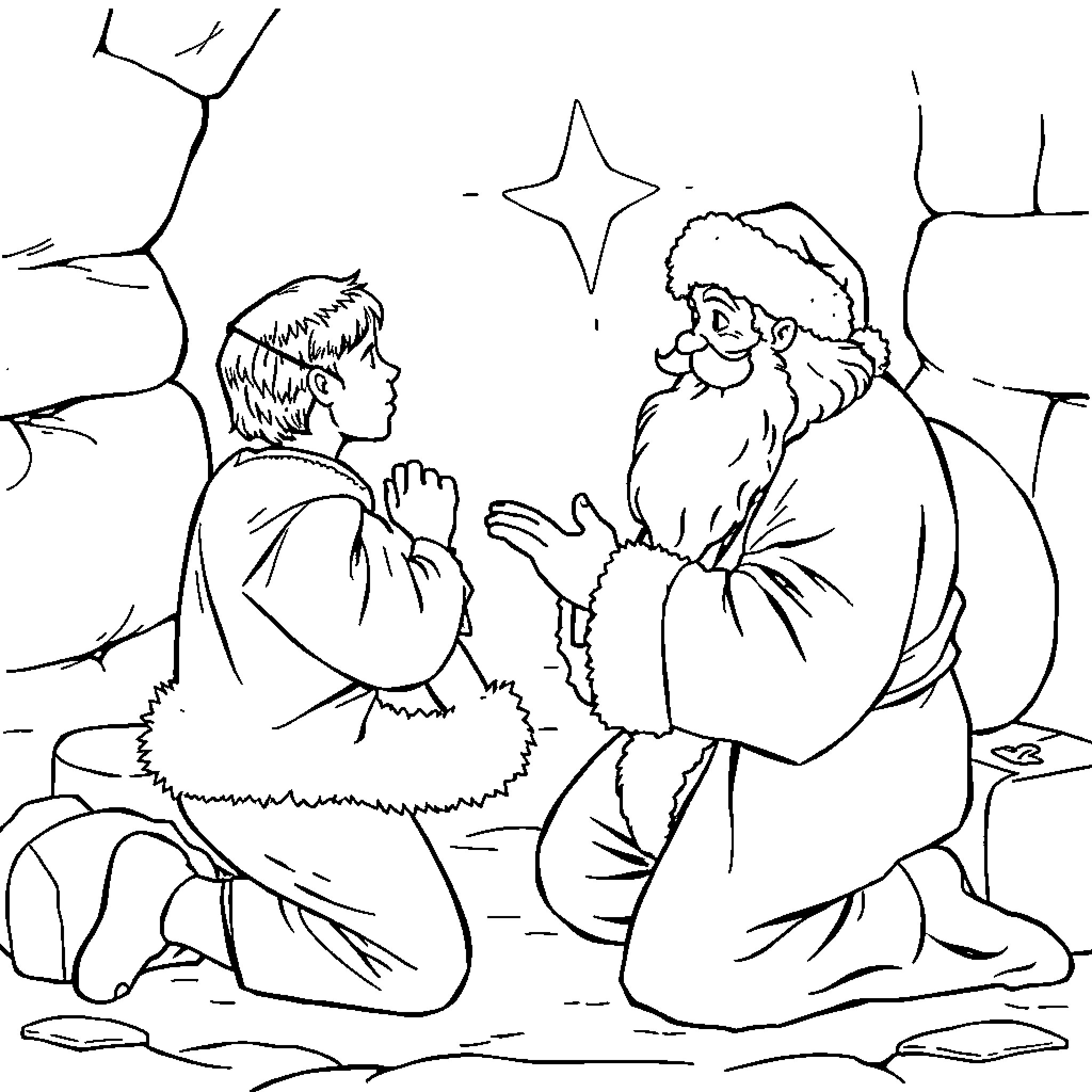 Jesus conversing with a holy figure in a snowy scene Coloring Page (free black-and-white line drawing printable PDF for all, from beginners to advanced learners, including children, teens, adults, and seniors)