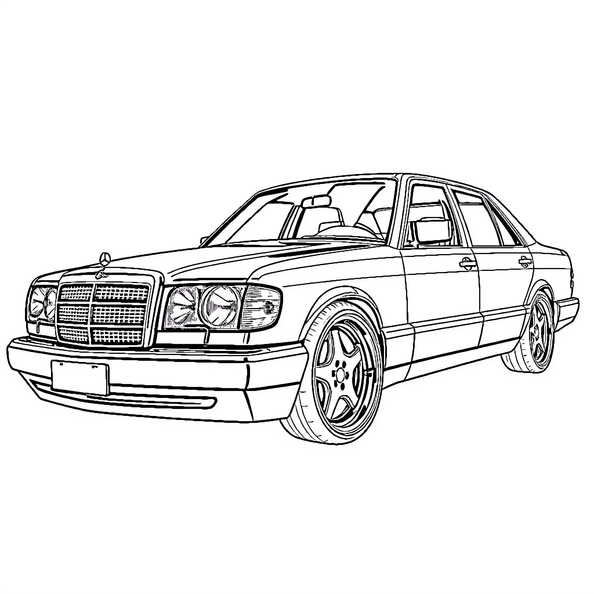 Mercedes-Benz luxury sedan on city streets Coloring Page (free black-and-white line drawing printable PDF for all, from beginners to advanced learners, including children, teens, adults, and seniors)