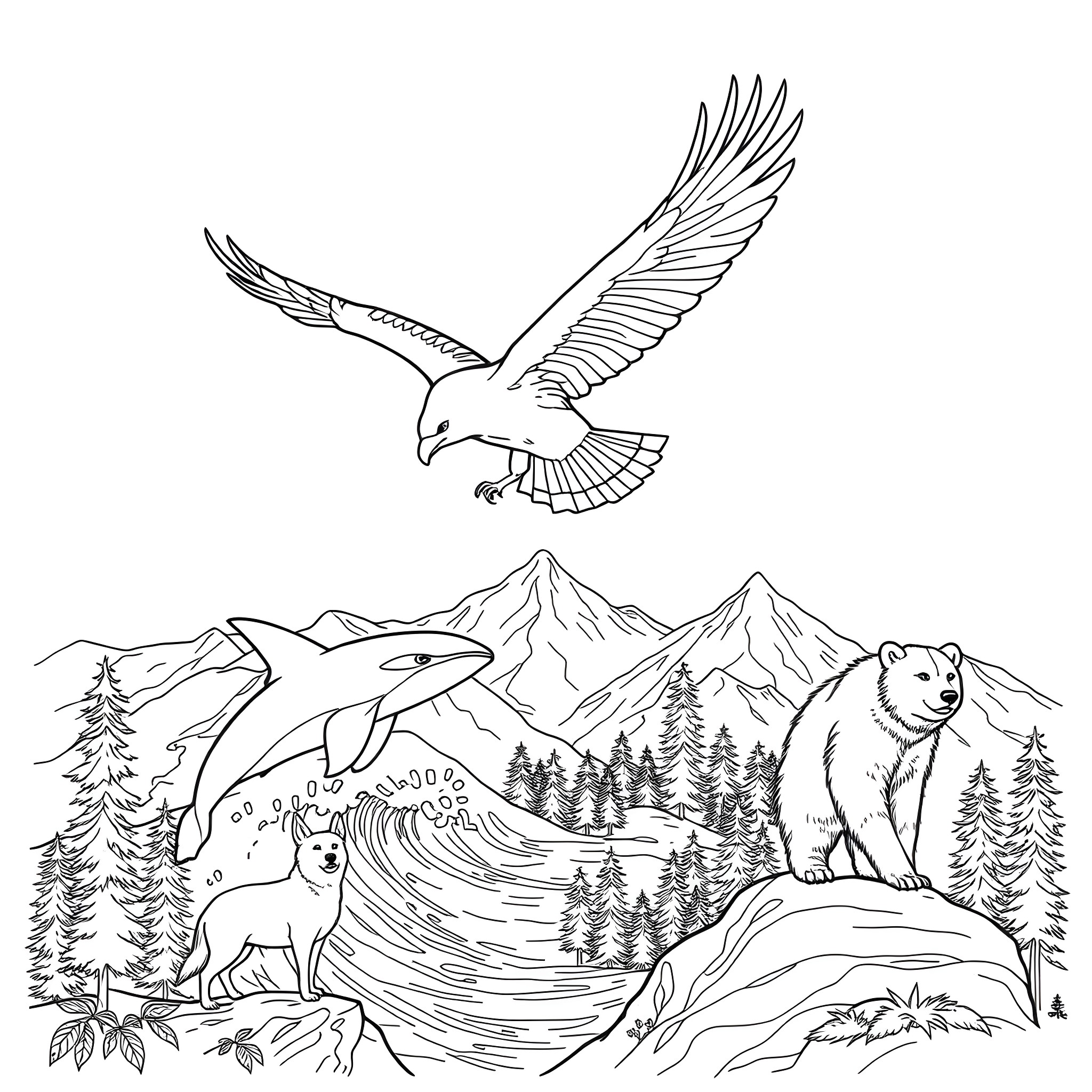 Eagle soaring over majestic mountains and wildlife Coloring Page (free black-and-white line drawing printable PDF for all, from beginners to advanced learners, including children, teens, adults, and seniors)