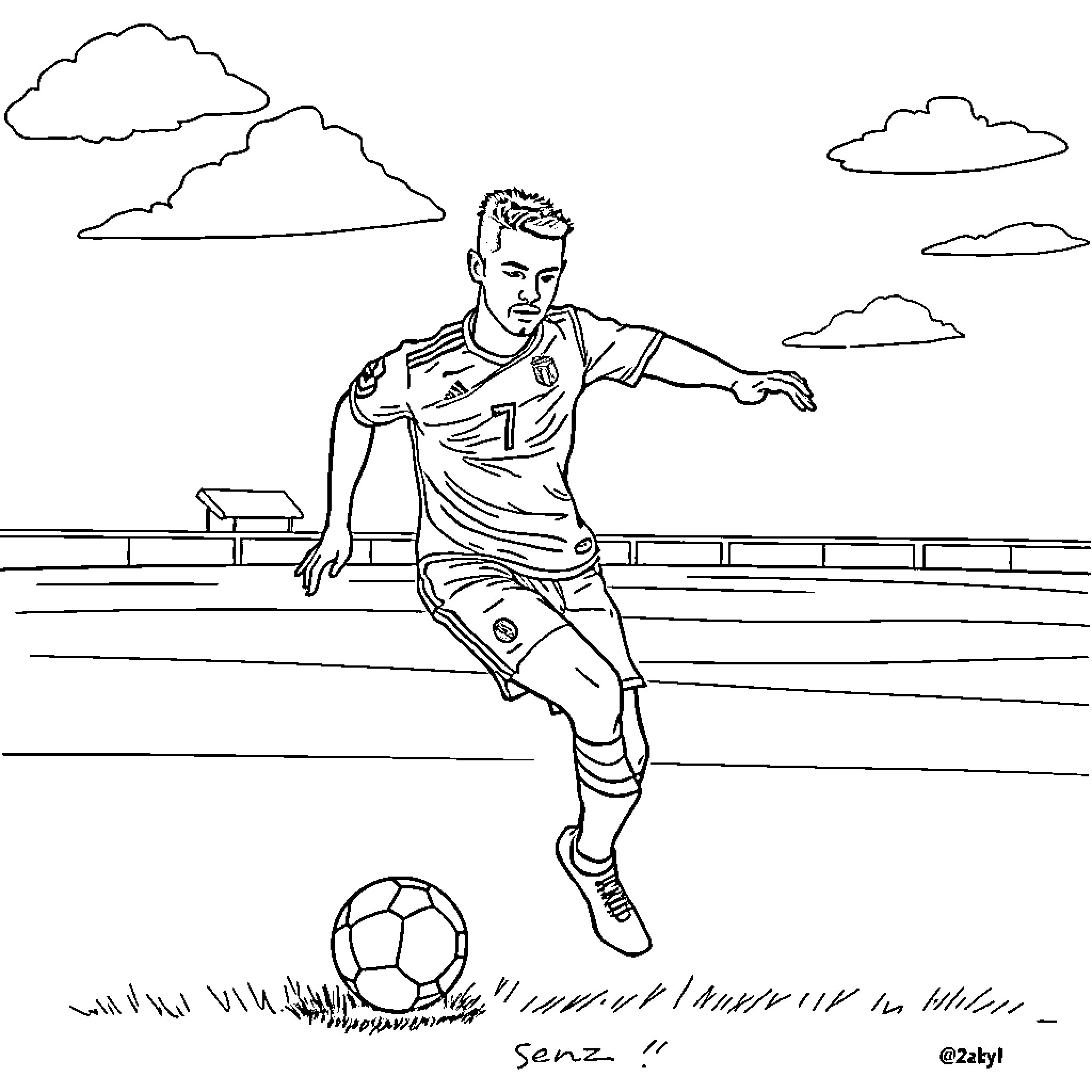 Cr7 soccer player kicking ball on field Coloring Page (free black-and-white line drawing printable PDF for all, from beginners to advanced learners, including children, teens, adults, and seniors)