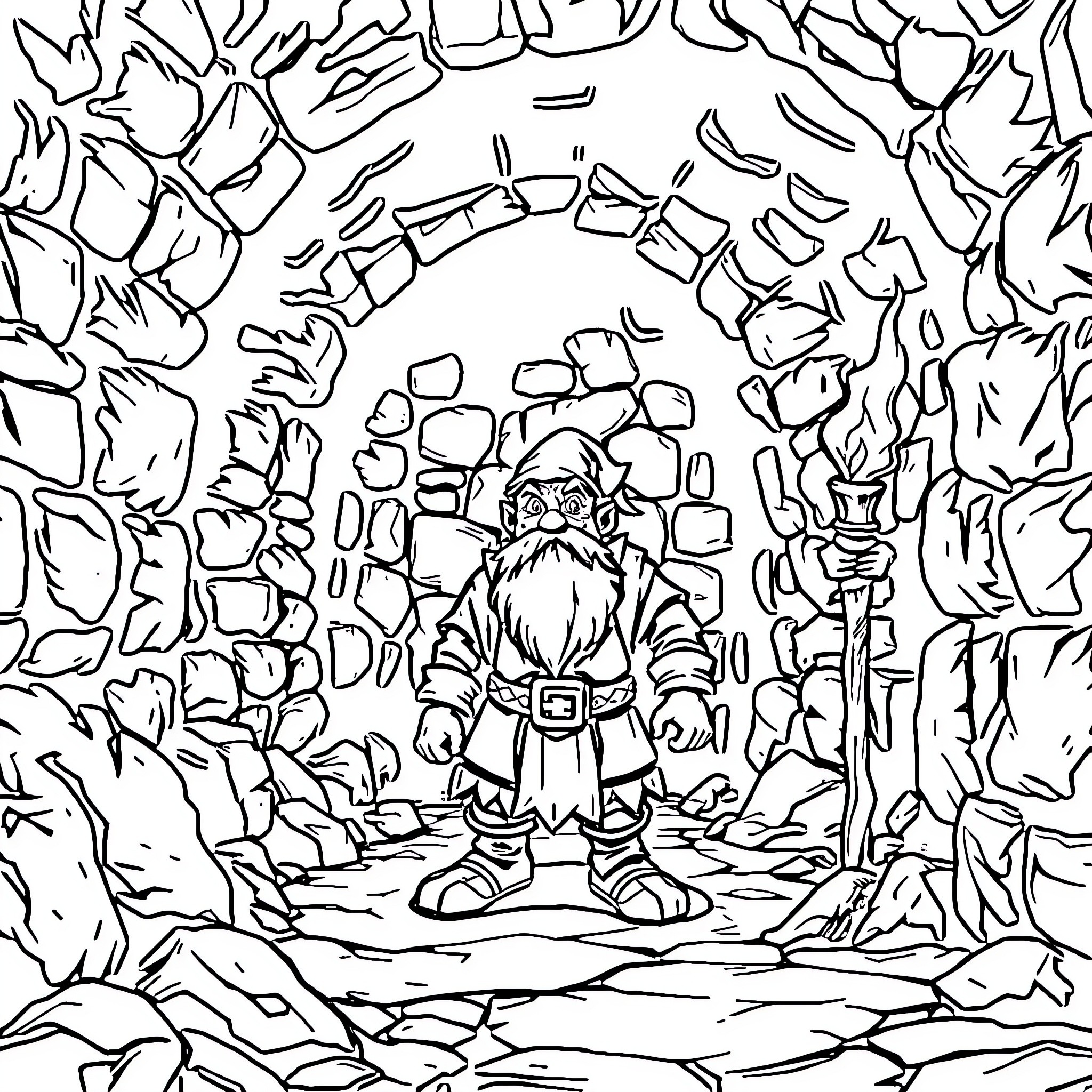 Dwarf exploring the mysterious cave Coloring Page (free black-and-white line drawing printable PDF for all, from beginners to advanced learners, including children, teens, adults, and seniors)