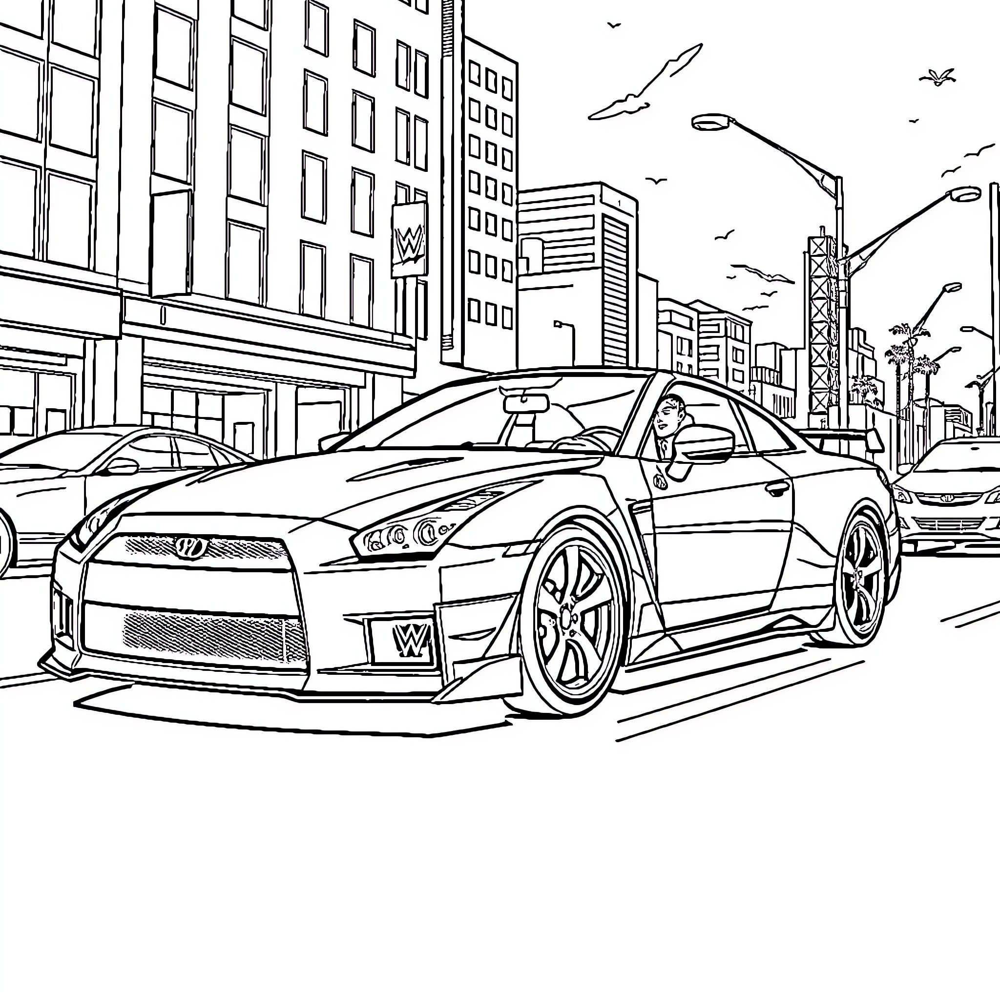John Cena's Supercar in the City Coloring Page (free black-and-white line drawing printable PDF for all, from beginners to advanced learners, including children, teens, adults, and seniors)