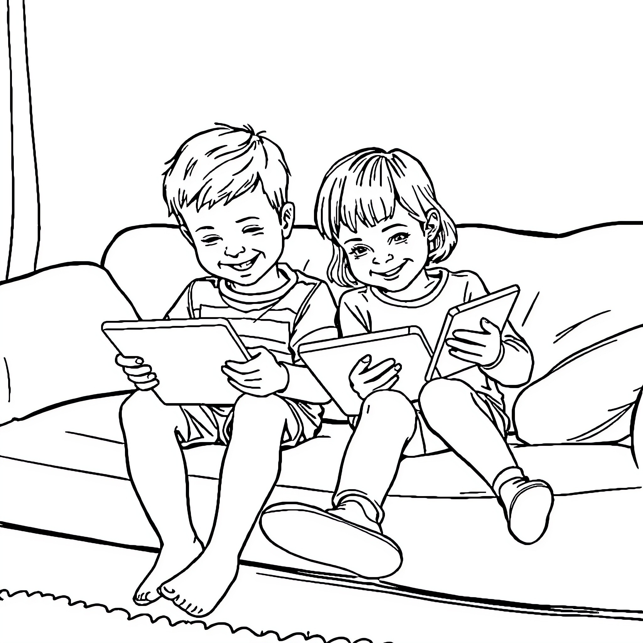 Kid friends reading books together happily Coloring Page (free black-and-white line drawing printable PDF for all, from beginners to advanced learners, including children, teens, adults, and seniors)