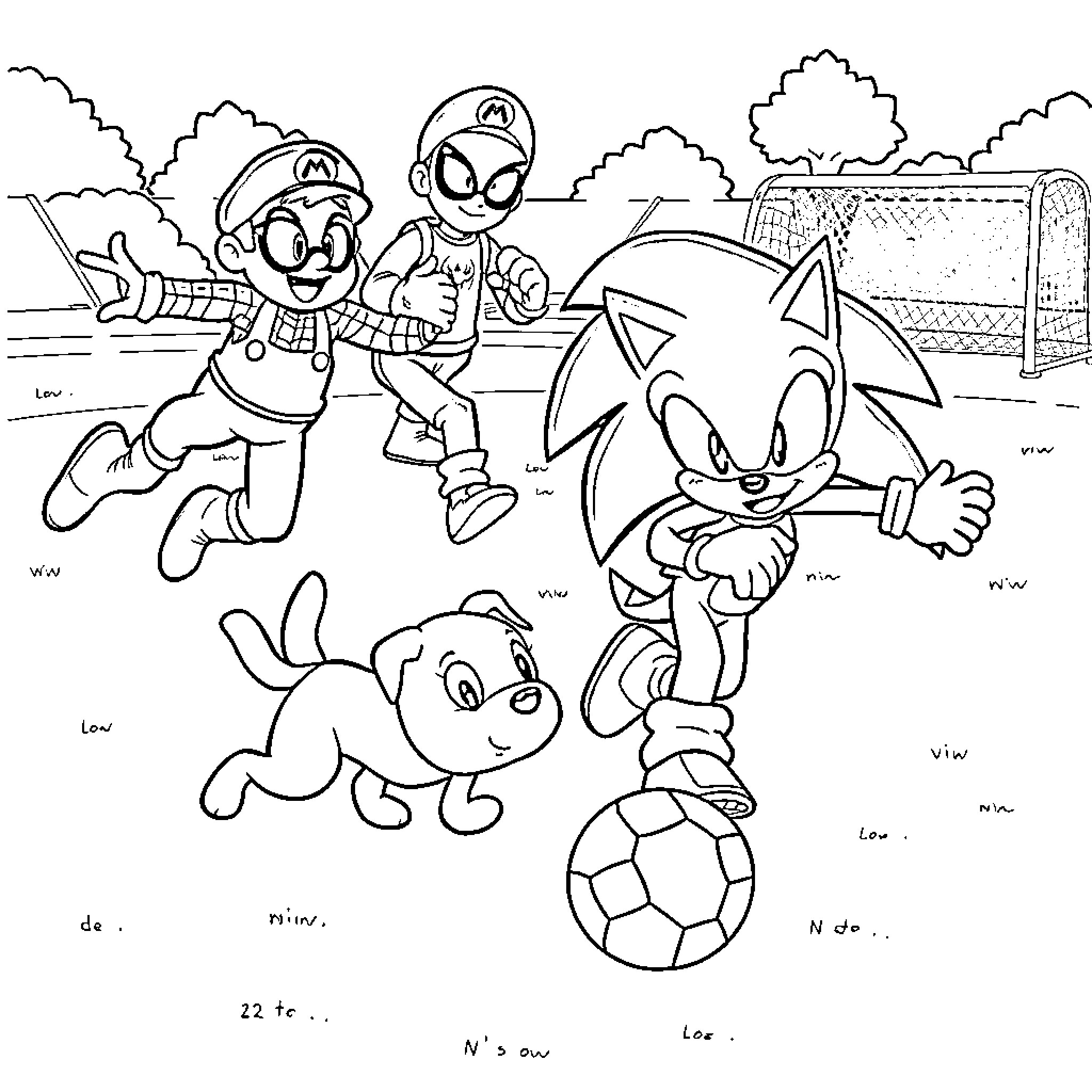 Dog friends playing soccer in the park Coloring Page (free black-and-white line drawing printable PDF for all, from beginners to advanced learners, including children, teens, adults, and seniors)