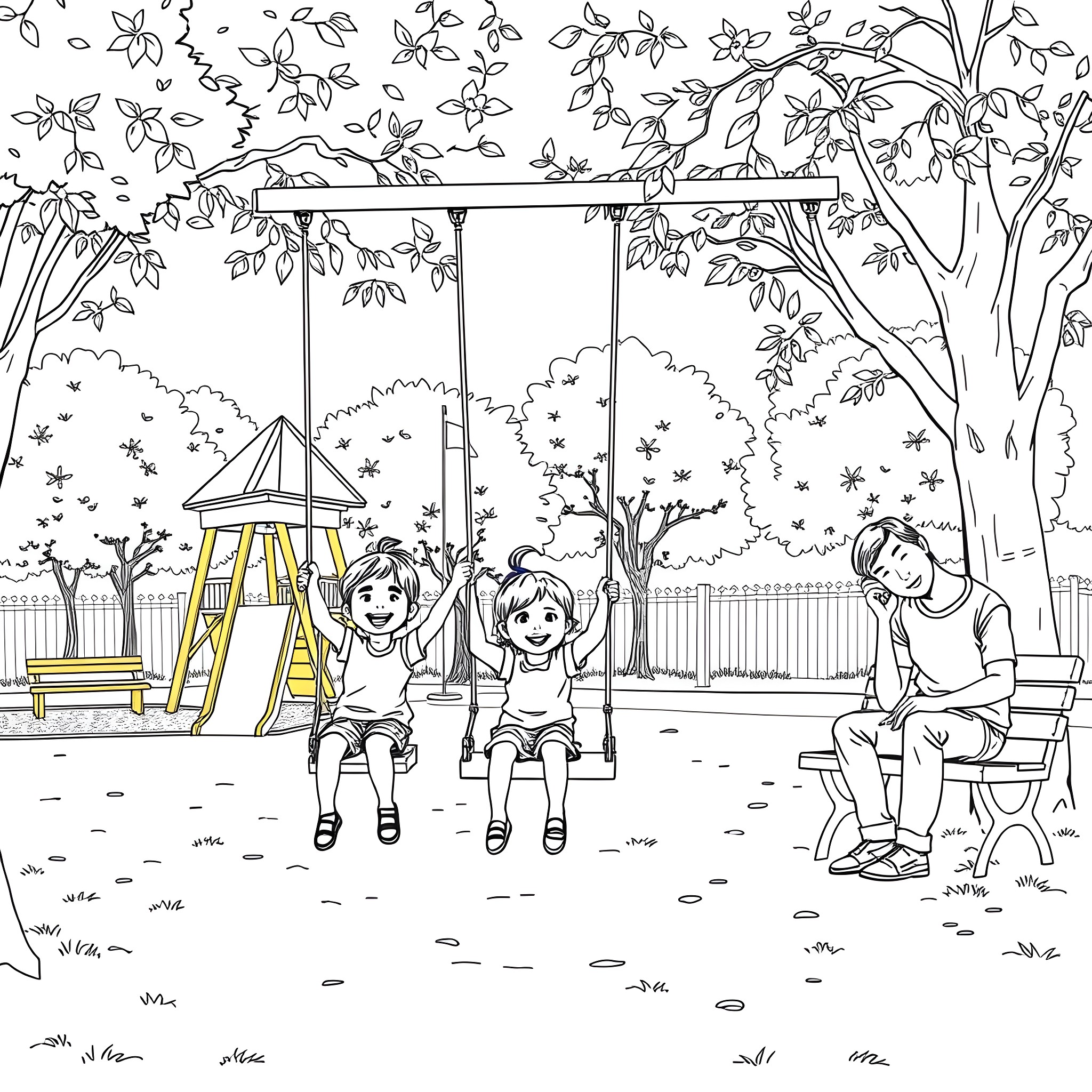 Child playing happily on swings in the park Coloring Page (free black-and-white line drawing printable PDF for all, from beginners to advanced learners, including children, teens, adults, and seniors)