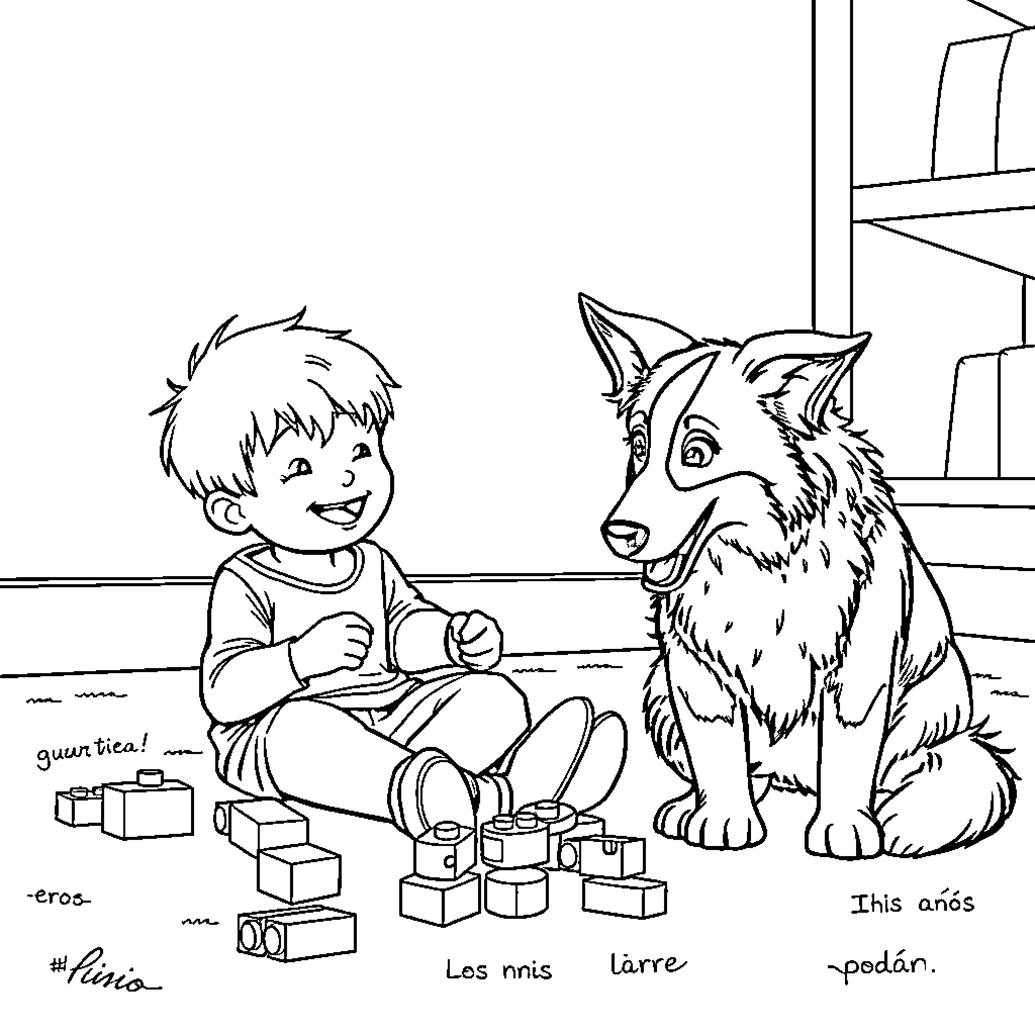 Niño jugando felizmente con su mascota Coloring Page (free black-and-white line drawing printable PDF for all, from beginners to advanced learners, including children, teens, adults, and seniors)