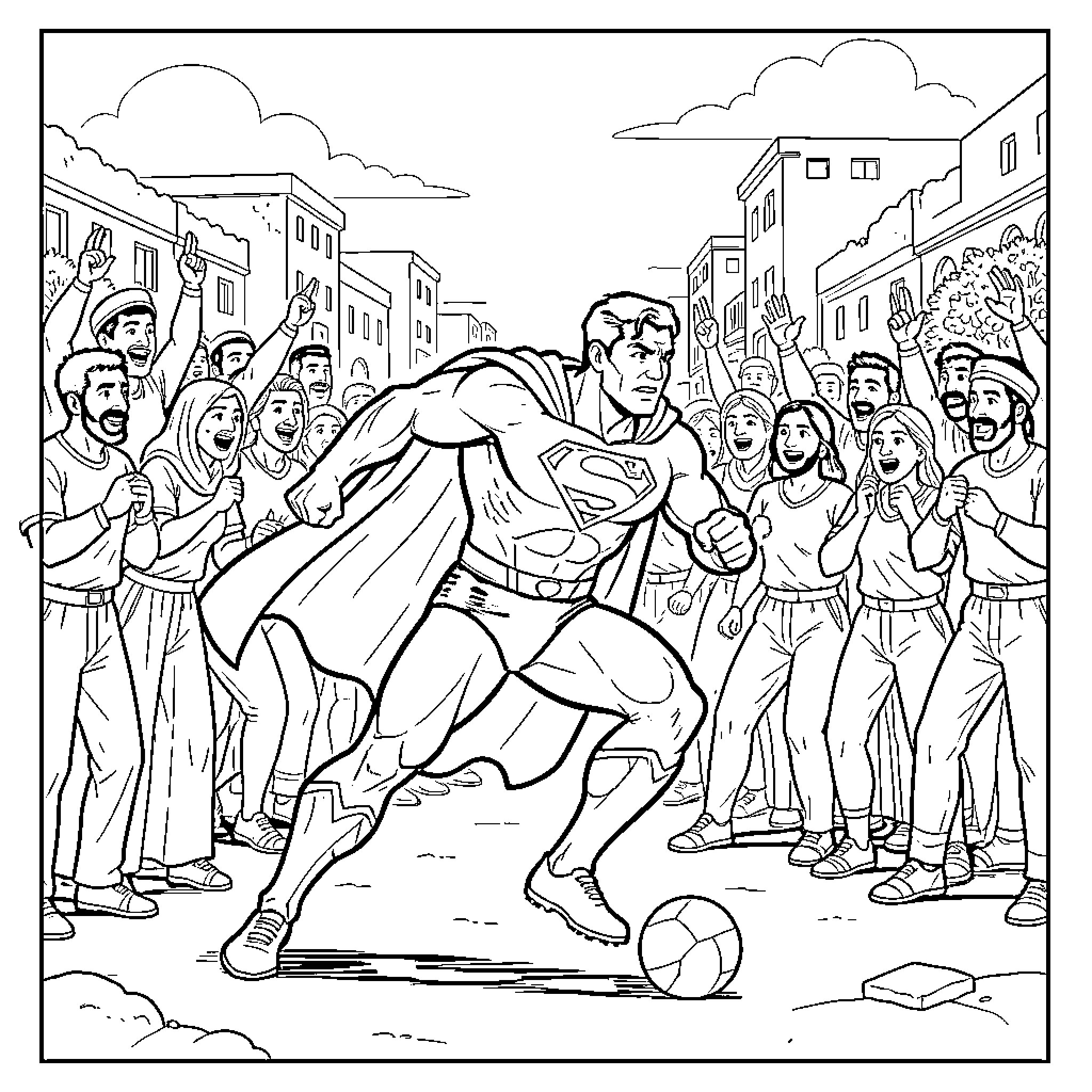 Superman playing soccer while cheering fans watch Coloring Page (free black-and-white line drawing printable PDF for all, from beginners to advanced learners, including children, teens, adults, and seniors)