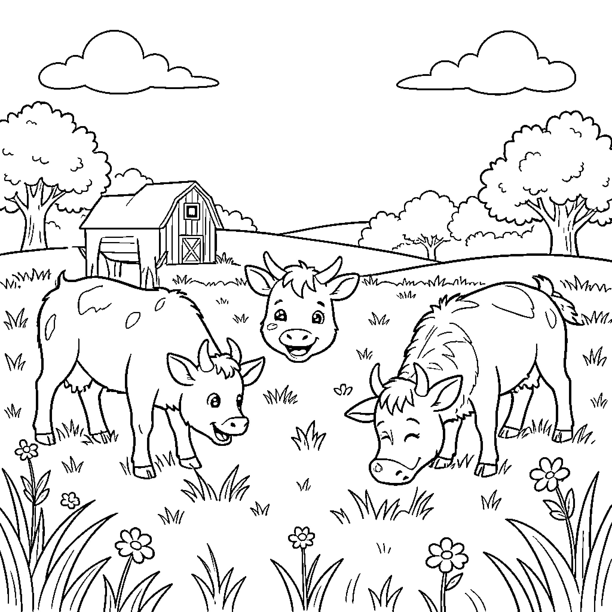 Farm Animal cows grazing in a meadow Coloring Page (free black-and-white line drawing printable PDF for all, from beginners to advanced learners, including children, teens, adults, and seniors)