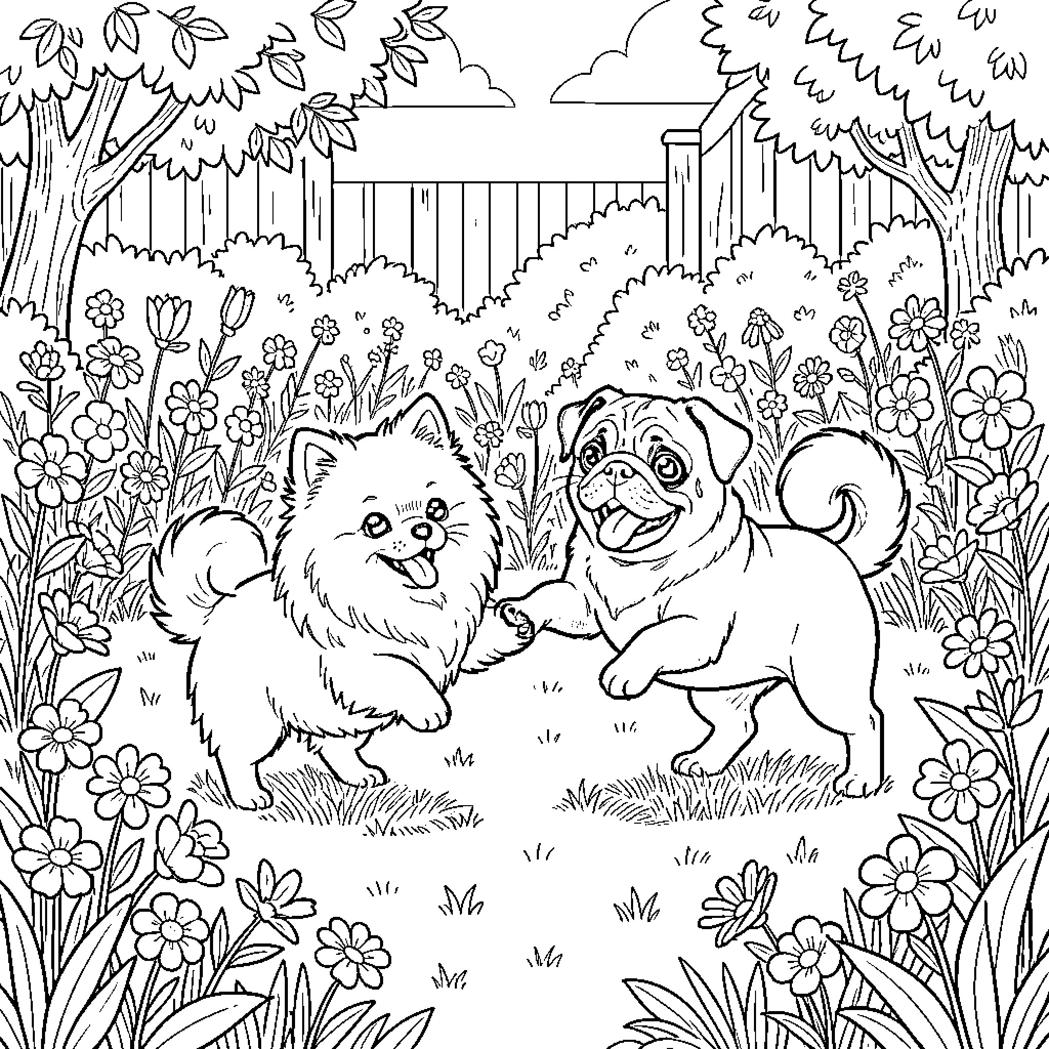 Pomeranian dogs playing joyfully in a vibrant garden Coloring Page (free black-and-white line drawing printable PDF for all, from beginners to advanced learners, including children, teens, adults, and seniors)