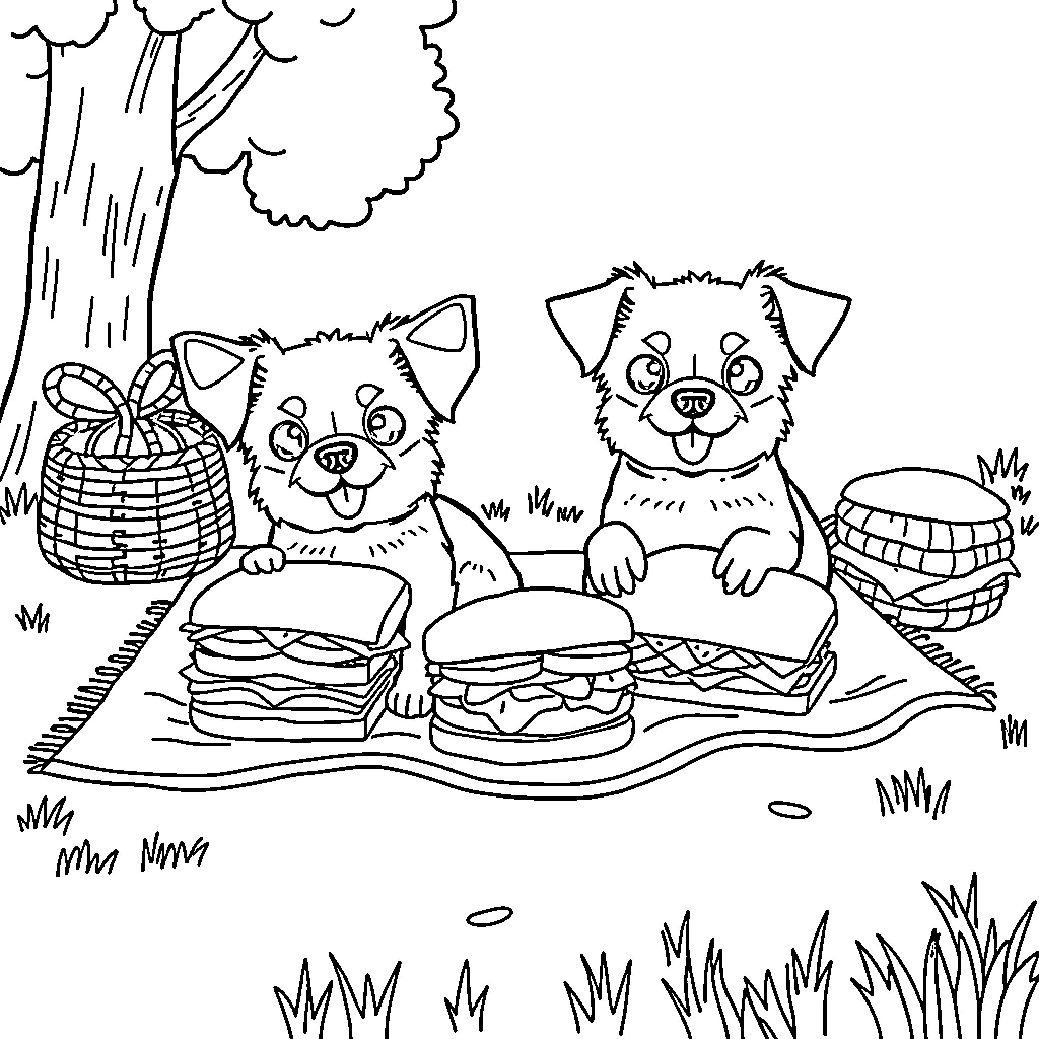 Dog Picnic with Burgers in the Park Coloring Page (free black-and-white line drawing printable PDF for all, from beginners to advanced learners, including children, teens, adults, and seniors)