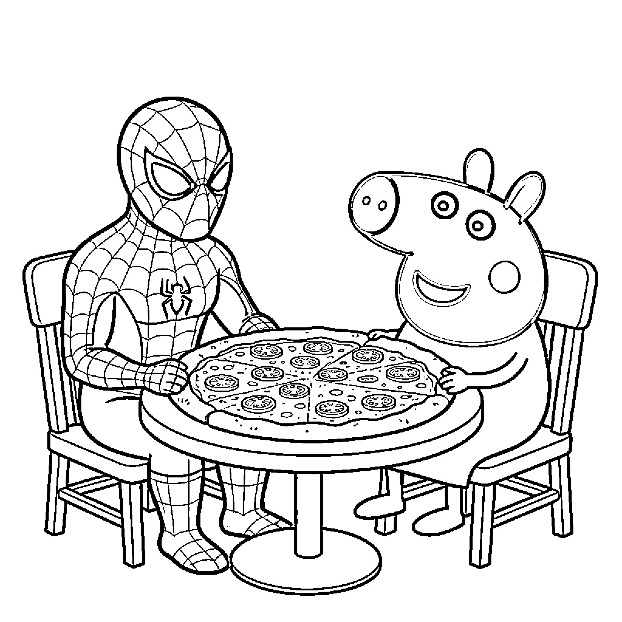 Spiderman eating pizza with Peppa Pig at a table Coloring Page (free black-and-white line drawing printable PDF for all, from beginners to advanced learners, including children, teens, adults, and seniors)