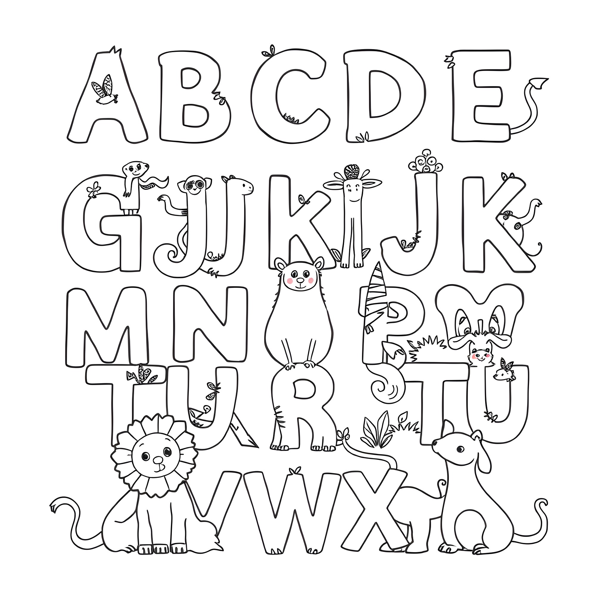 Alphabet of Playful Animals and Plants Coloring Page (free black-and-white line drawing printable PDF for all, from beginners to advanced learners, including children, teens, adults, and seniors)