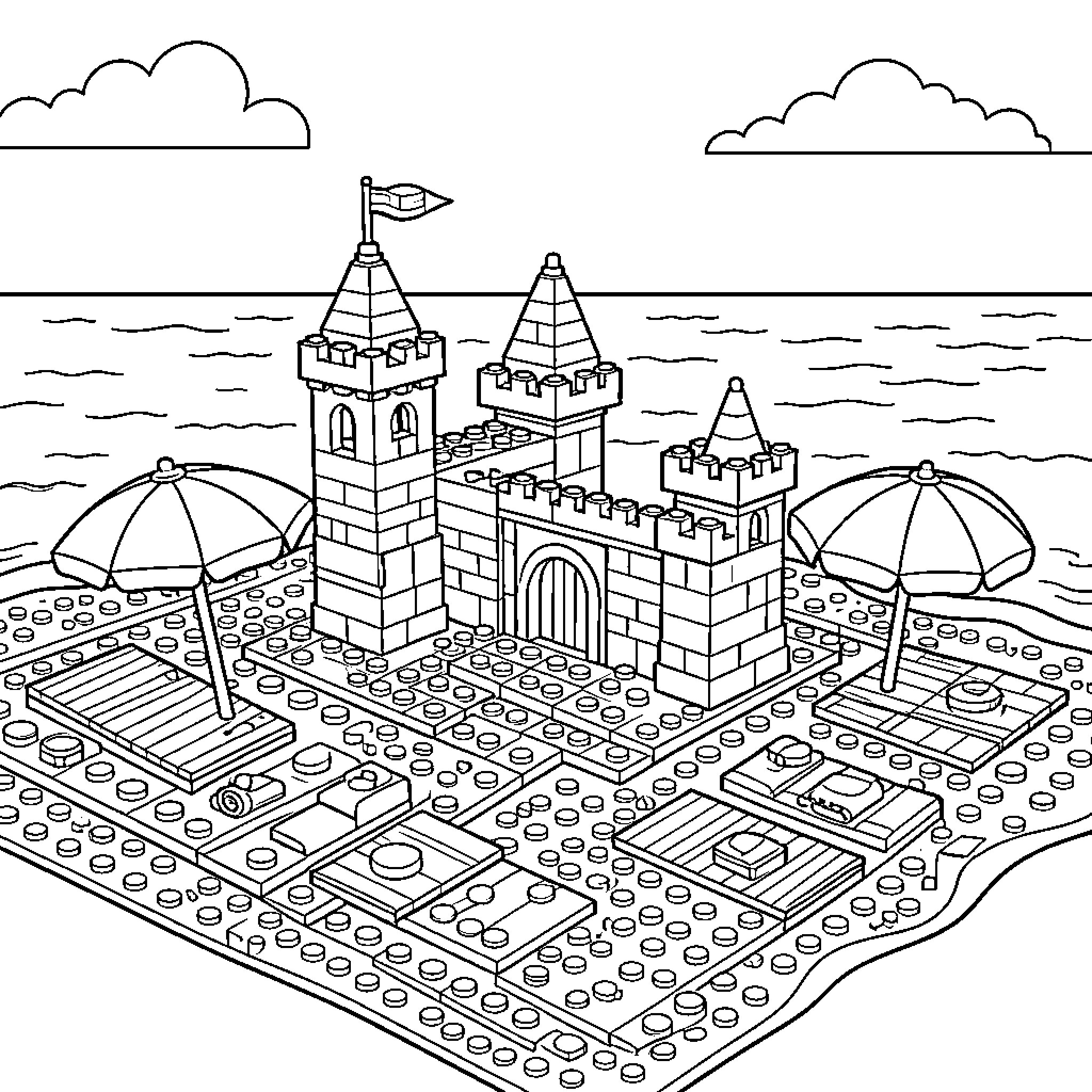 Beach scenery featuring a large sandcastle with umbrellas Coloring Page (free black-and-white line drawing printable PDF for all, from beginners to advanced learners, including children, teens, adults, and seniors)