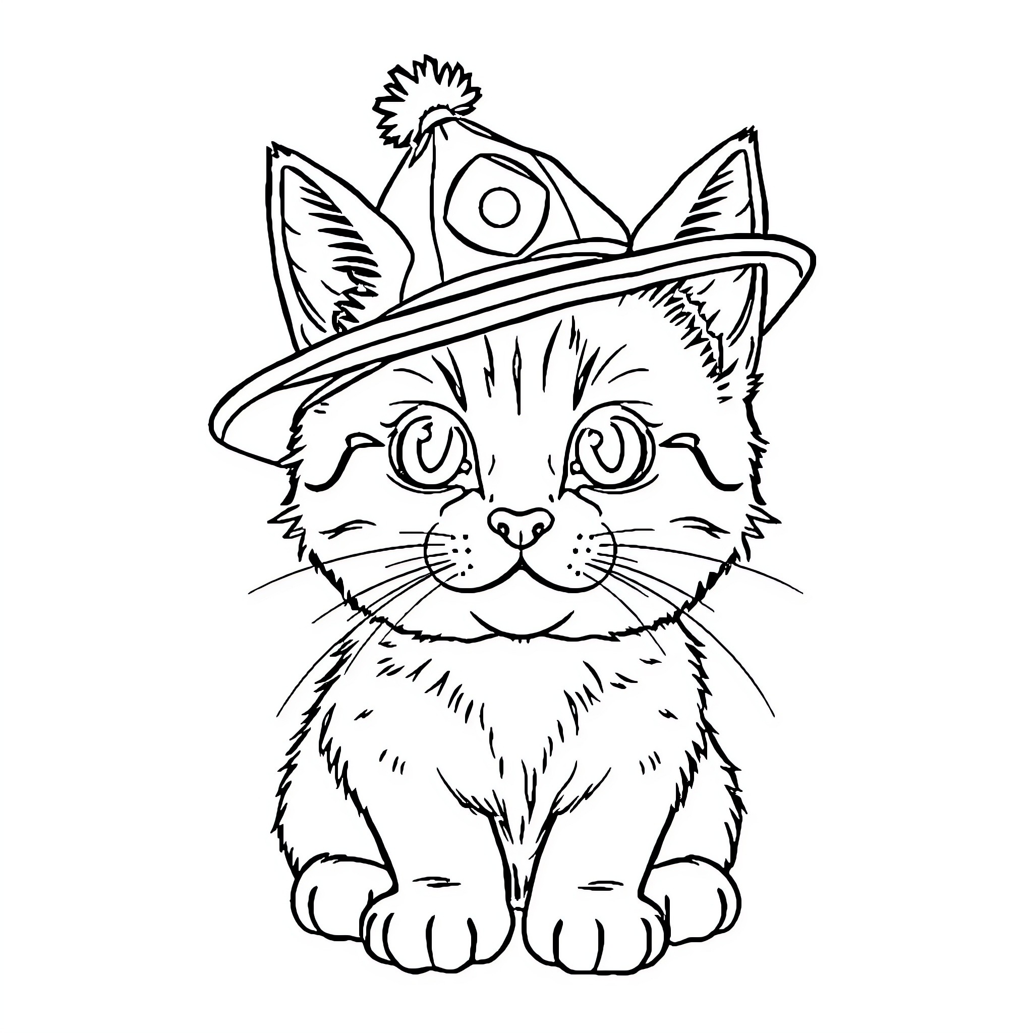 Cat wearing a whimsical hat Coloring Page (free black-and-white line drawing printable PDF for all, from beginners to advanced learners, including children, teens, adults, and seniors)