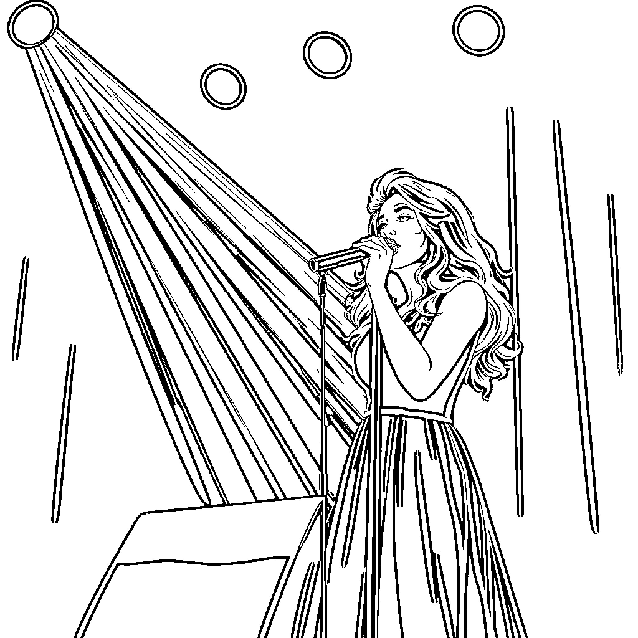 Sabrina Carpenter singing on stage with lights Coloring Page (free black-and-white line drawing printable PDF for all, from beginners to advanced learners, including children, teens, adults, and seniors)