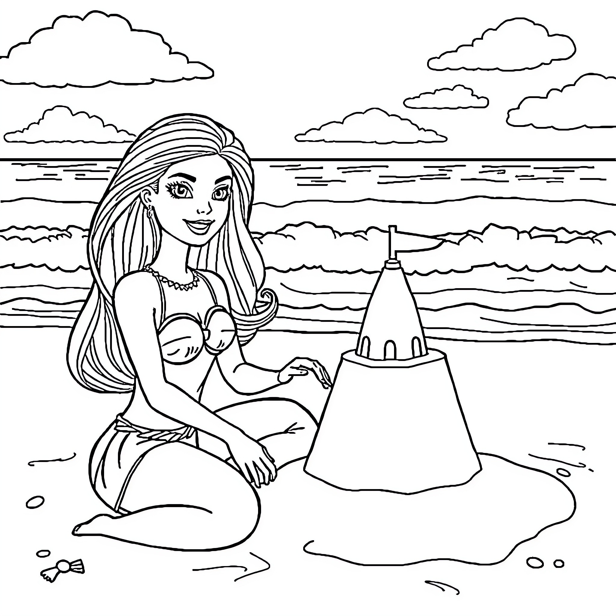 Barbie relaxing on the beach with a sandcastle Coloring Page (free black-and-white line drawing printable PDF for all, from beginners to advanced learners, including children, teens, adults, and seniors)