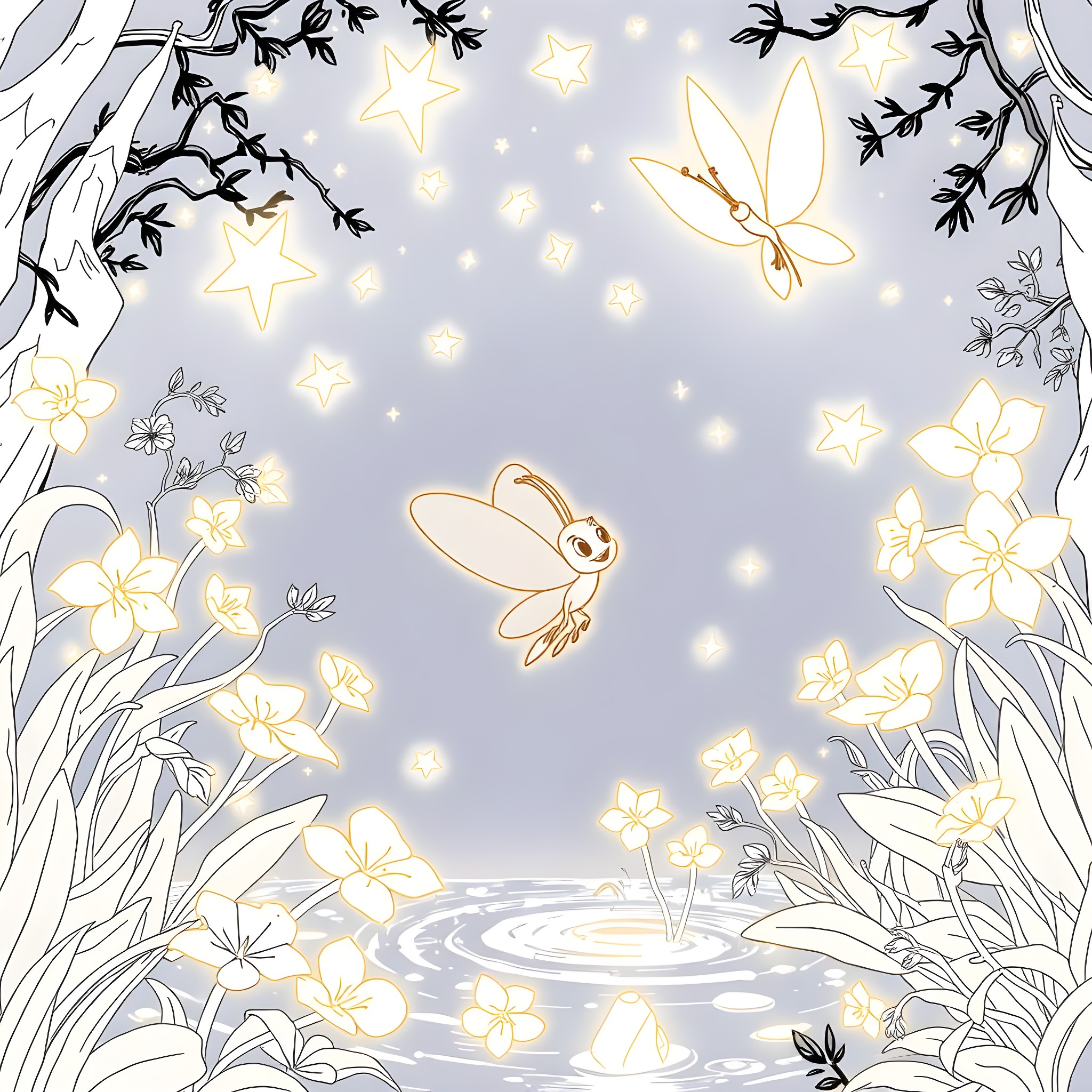 Ray's magical forest with glowing fireflies Coloring Page (free black-and-white line drawing printable PDF for all, from beginners to advanced learners, including children, teens, adults, and seniors)
