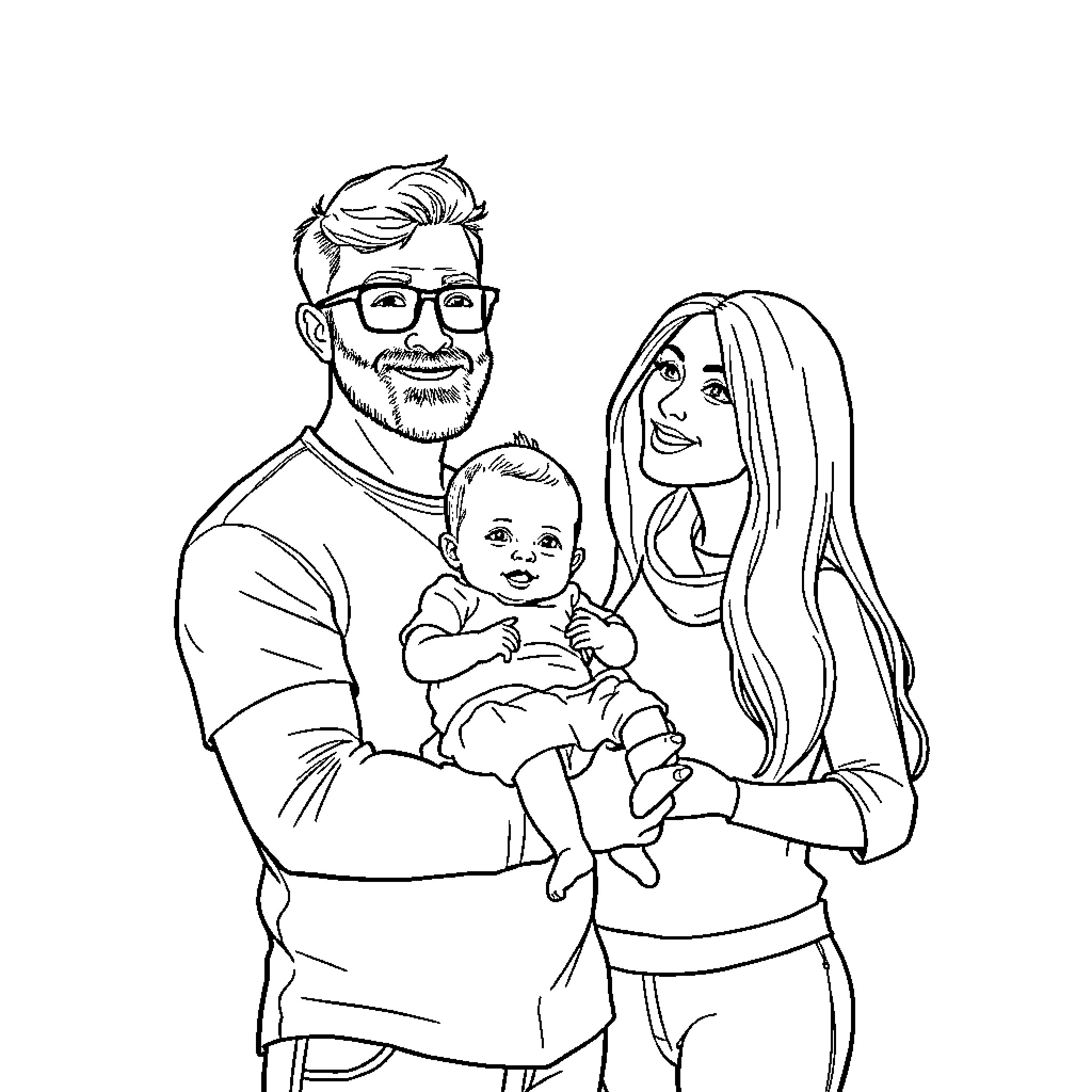 Family portrait of happy parents with baby Coloring Page (free black-and-white line drawing printable PDF for all, from beginners to advanced learners, including children, teens, adults, and seniors)