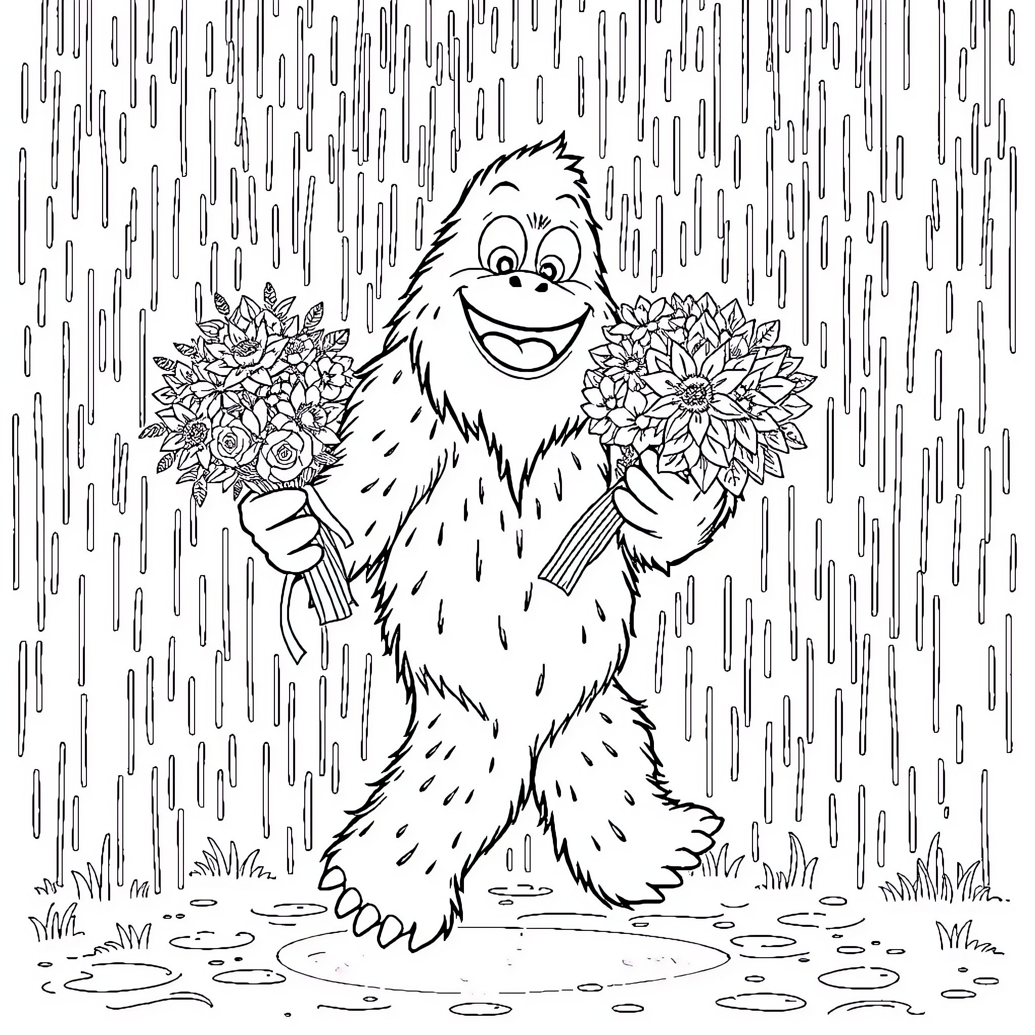 Bigfoot carrying flowers in the rain Coloring Page (free black-and-white line drawing printable PDF for all, from beginners to advanced learners, including children, teens, adults, and seniors)