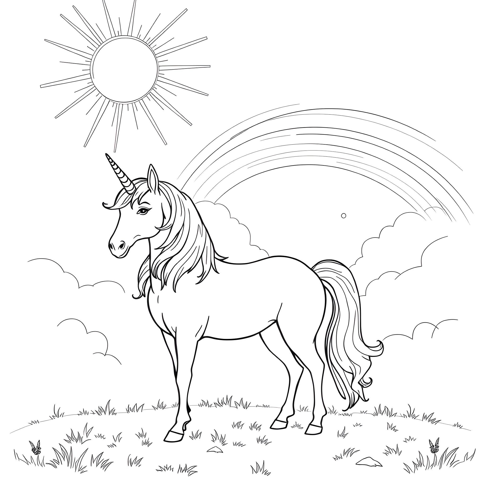 Unicorn standing in a field under a shining sun Coloring Page (free black-and-white line drawing printable PDF for all, from beginners to advanced learners, including children, teens, adults, and seniors)
