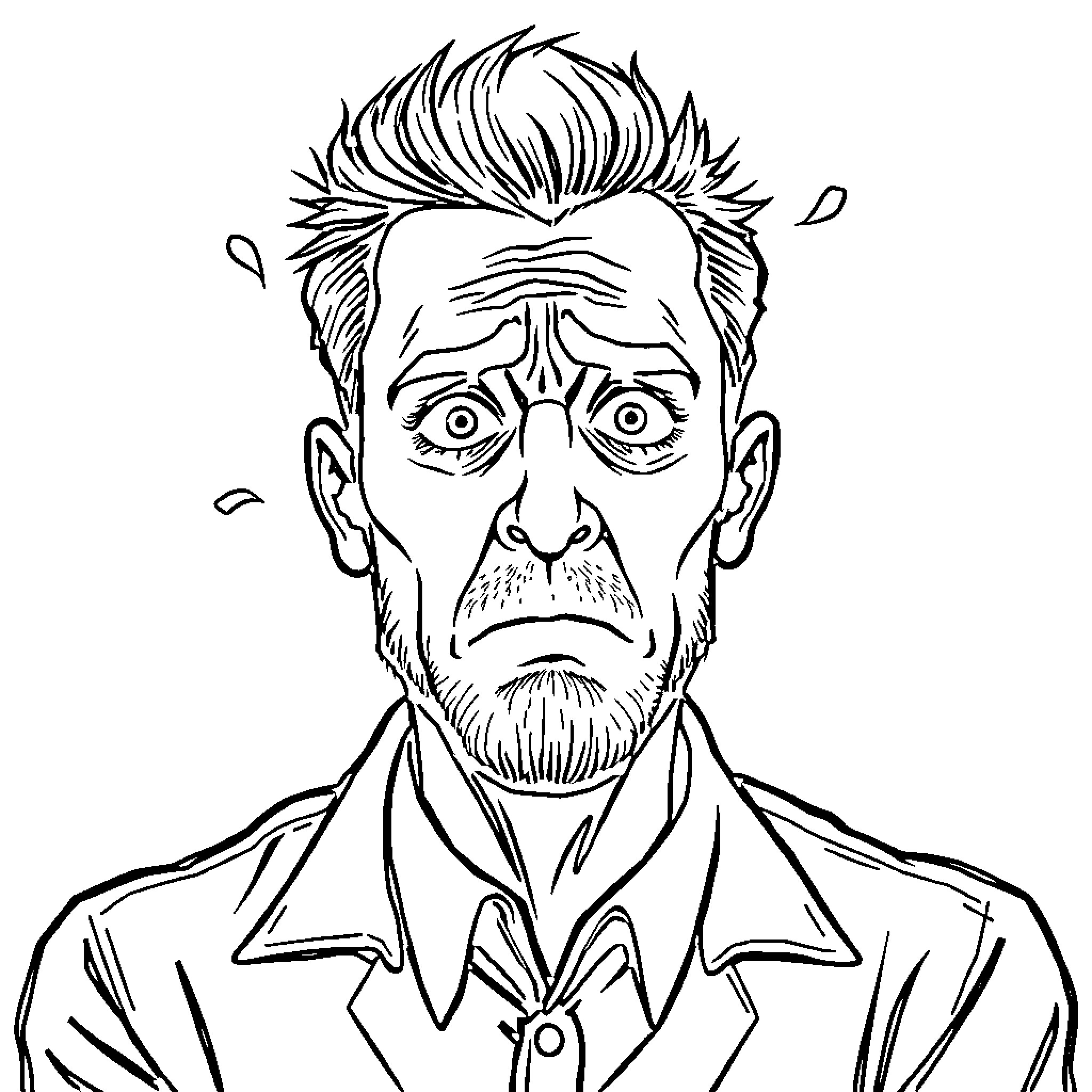 Man with distressed expression in formal attire Coloring Page (free black-and-white line drawing printable PDF for all, from beginners to advanced learners, including children, teens, adults, and seniors)