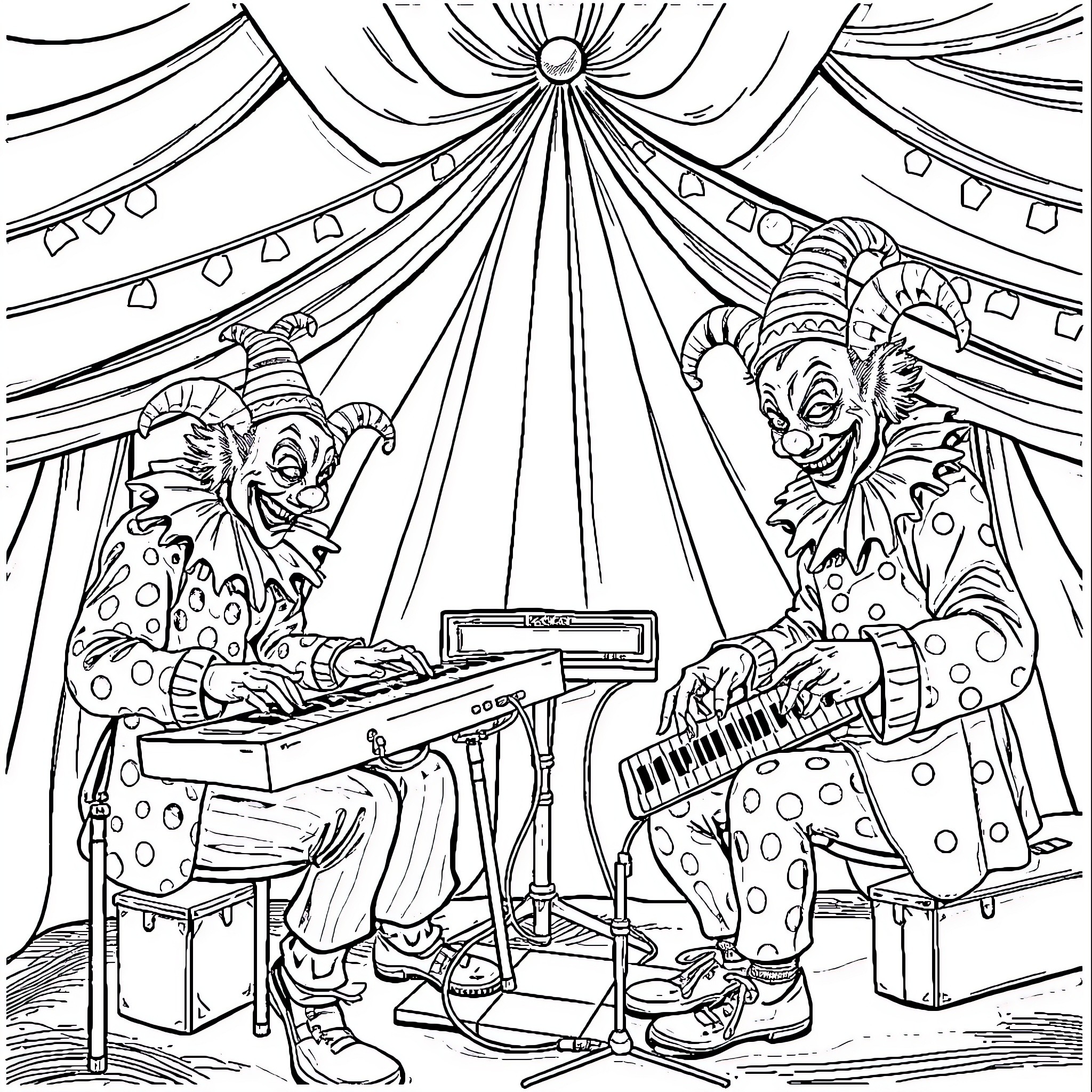 Clowns Performing Music and Entertainment in the Circus Coloring Page (free black-and-white line drawing printable PDF for all, from beginners to advanced learners, including children, teens, adults, and seniors)