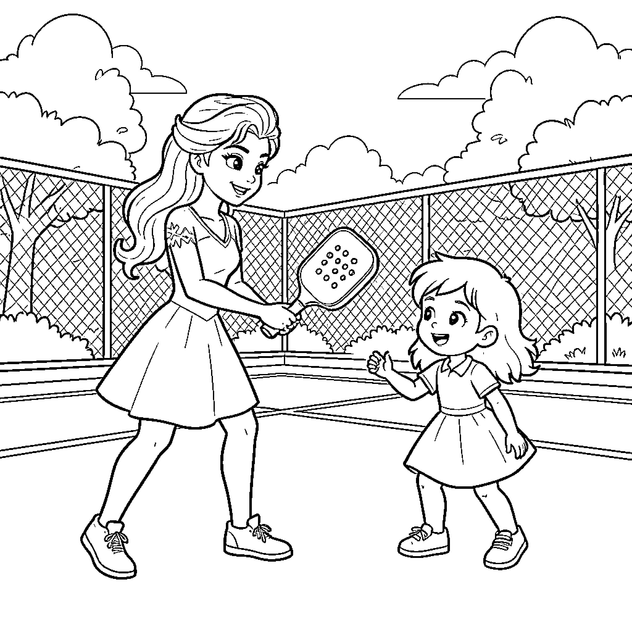 Elsa playing paddle tennis with a young girl Coloring Page (free black-and-white line drawing printable PDF for all, from beginners to advanced learners, including children, teens, adults, and seniors)