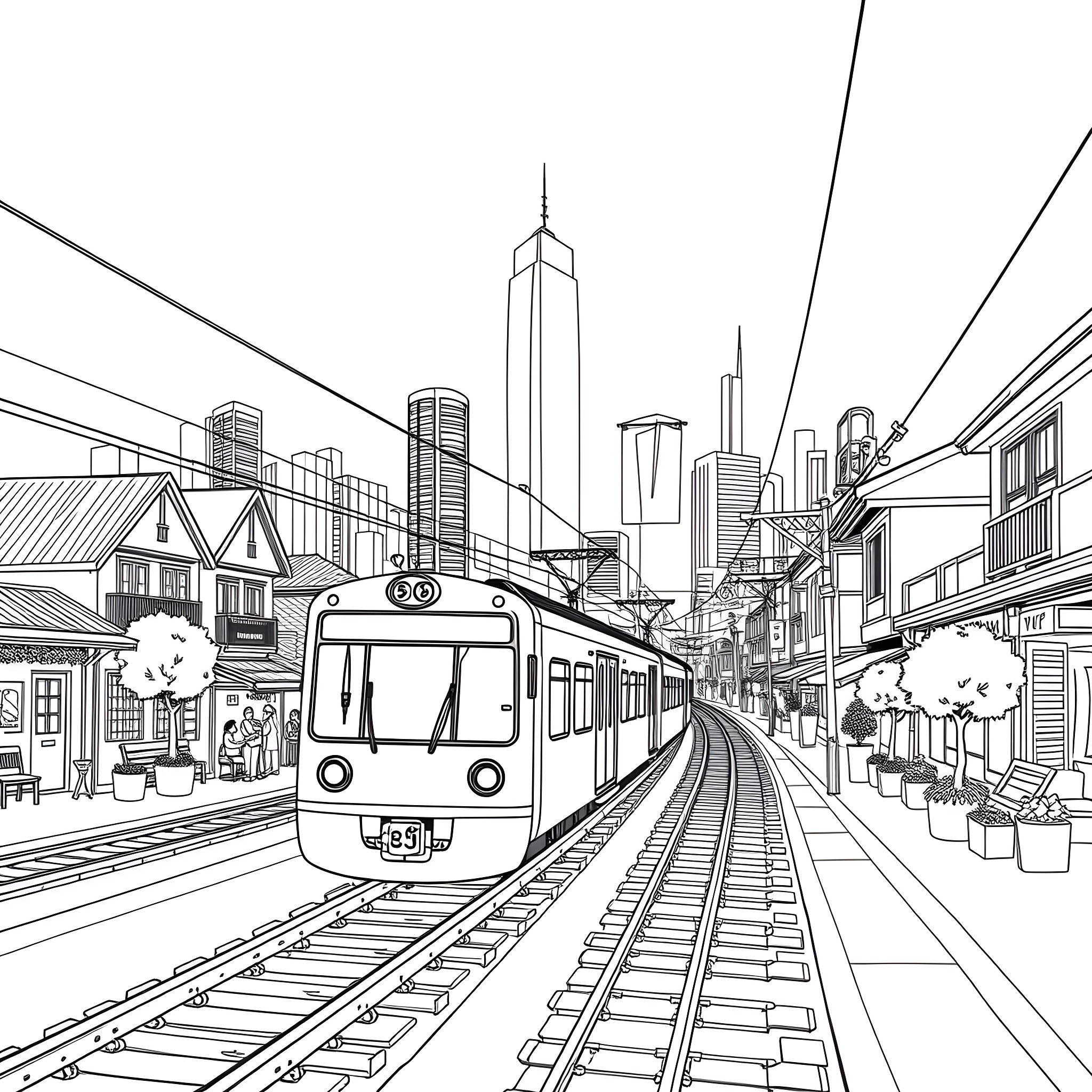 Train station in the city with skyscrapers and pedestrians Coloring Page (free black-and-white line drawing printable PDF for all, from beginners to advanced learners, including children, teens, adults, and seniors)