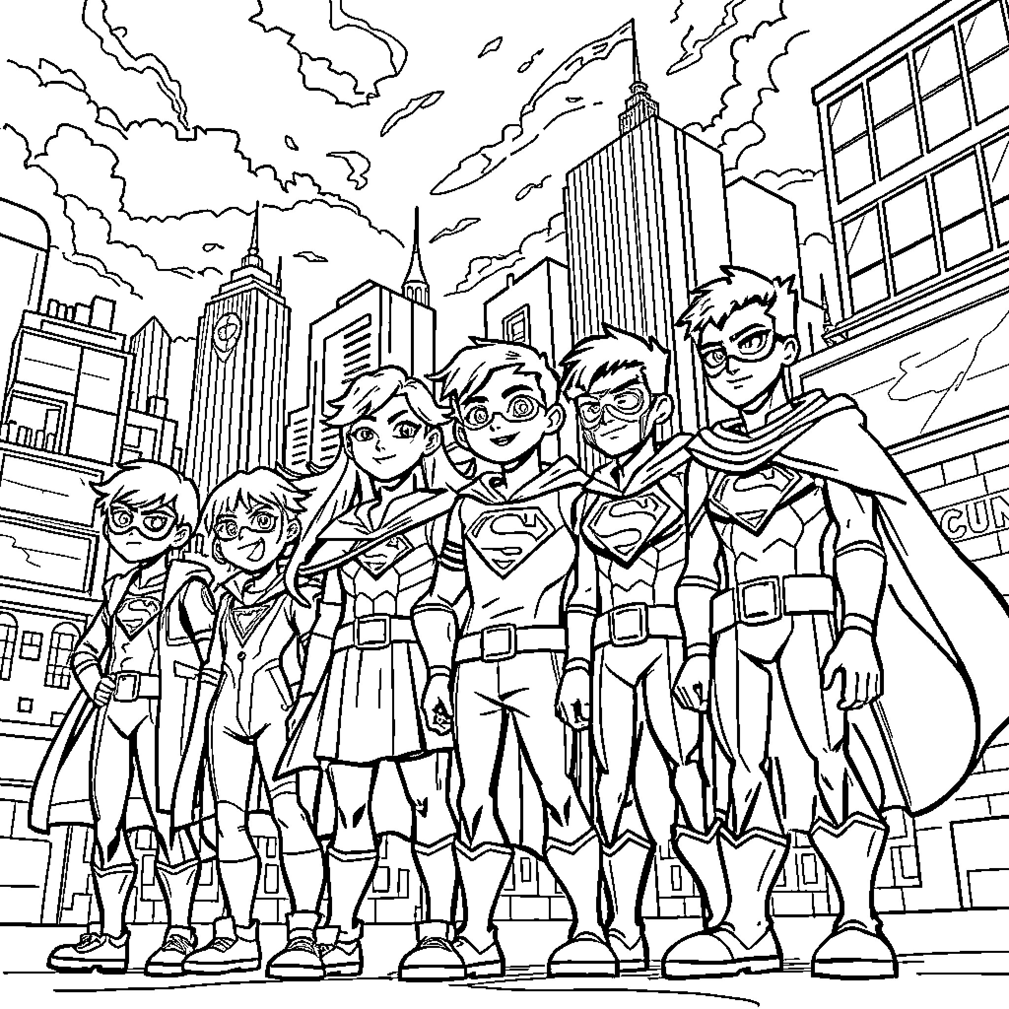 My Hero Academia: Aspiring Heroes in the City Coloring Page (free black-and-white line drawing printable PDF for all, from beginners to advanced learners, including children, teens, adults, and seniors)