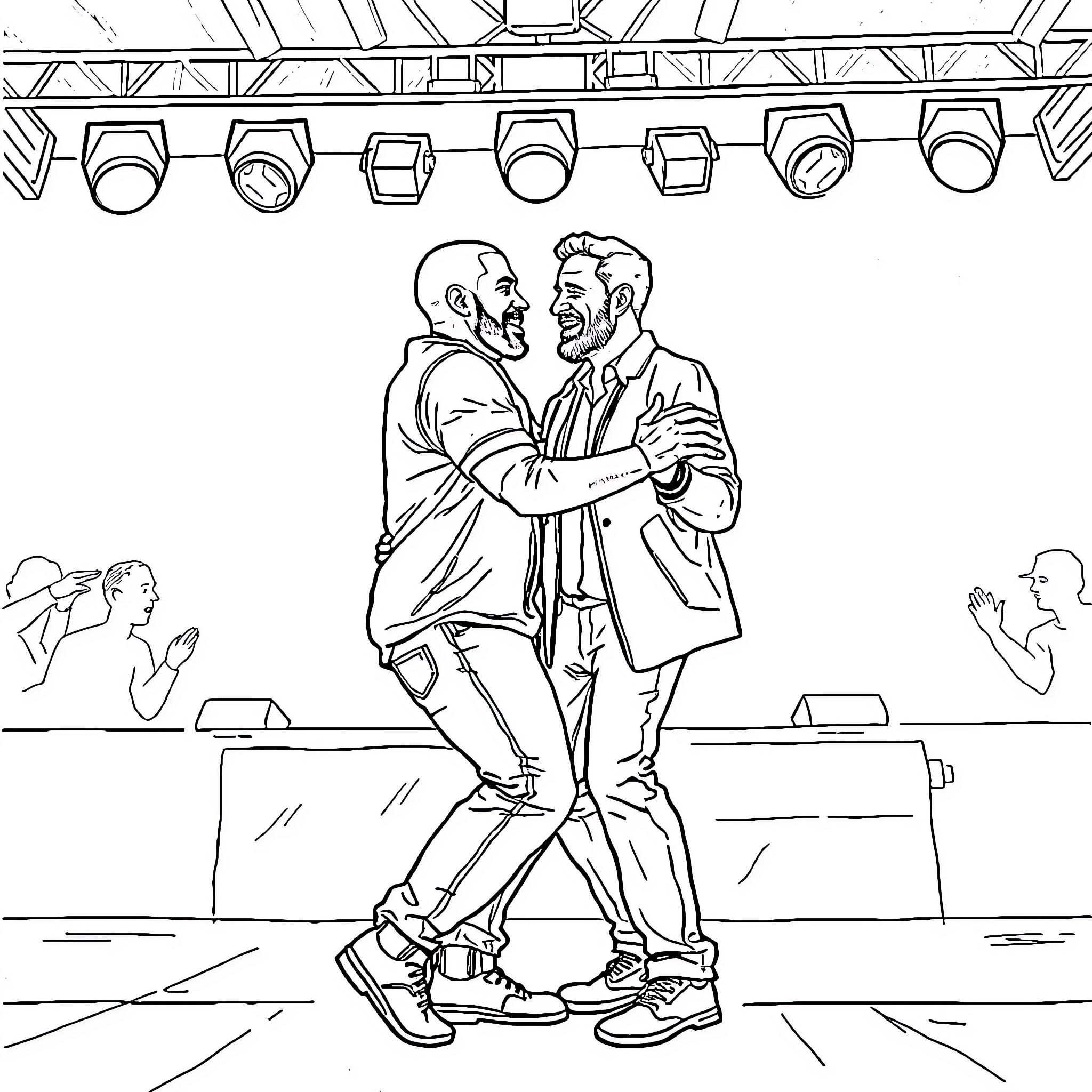 Drake Embracing Joyfully on Stage Coloring Page (free black-and-white line drawing printable PDF for all, from beginners to advanced learners, including children, teens, adults, and seniors)