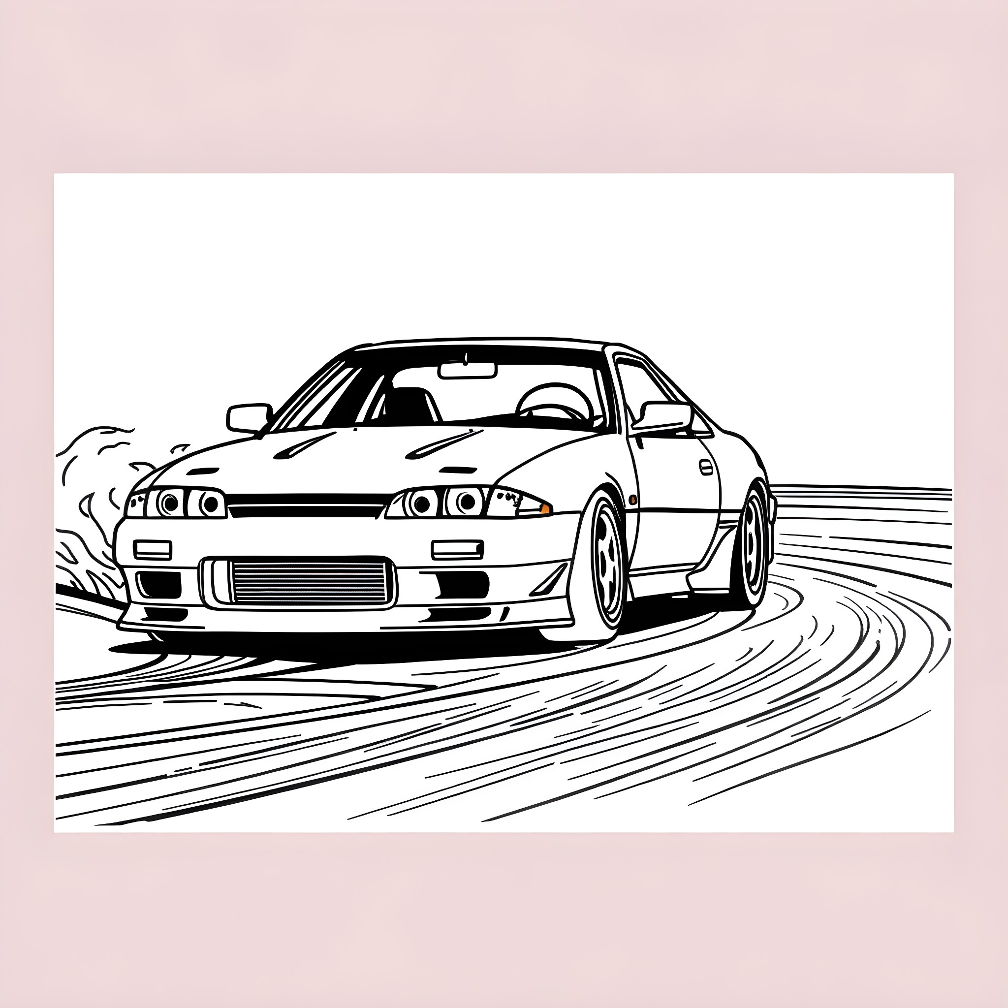 Nissan S13 speeding on the racetrack Coloring Page (free black-and-white line drawing printable PDF for all, from beginners to advanced learners, including children, teens, adults, and seniors)