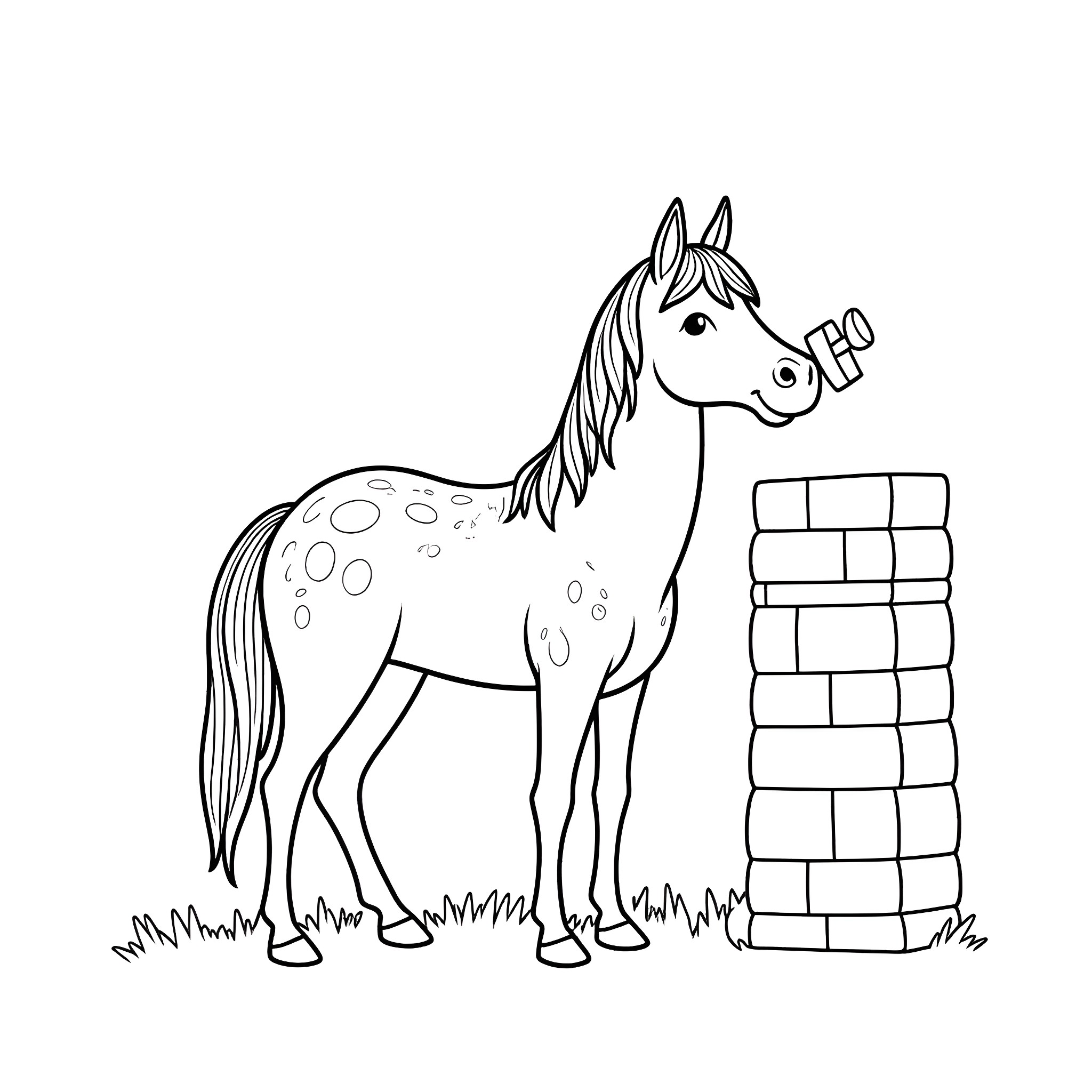 Horse standing by brick wall Coloring Page (free black-and-white line drawing printable PDF for all, from beginners to advanced learners, including children, teens, adults, and seniors)