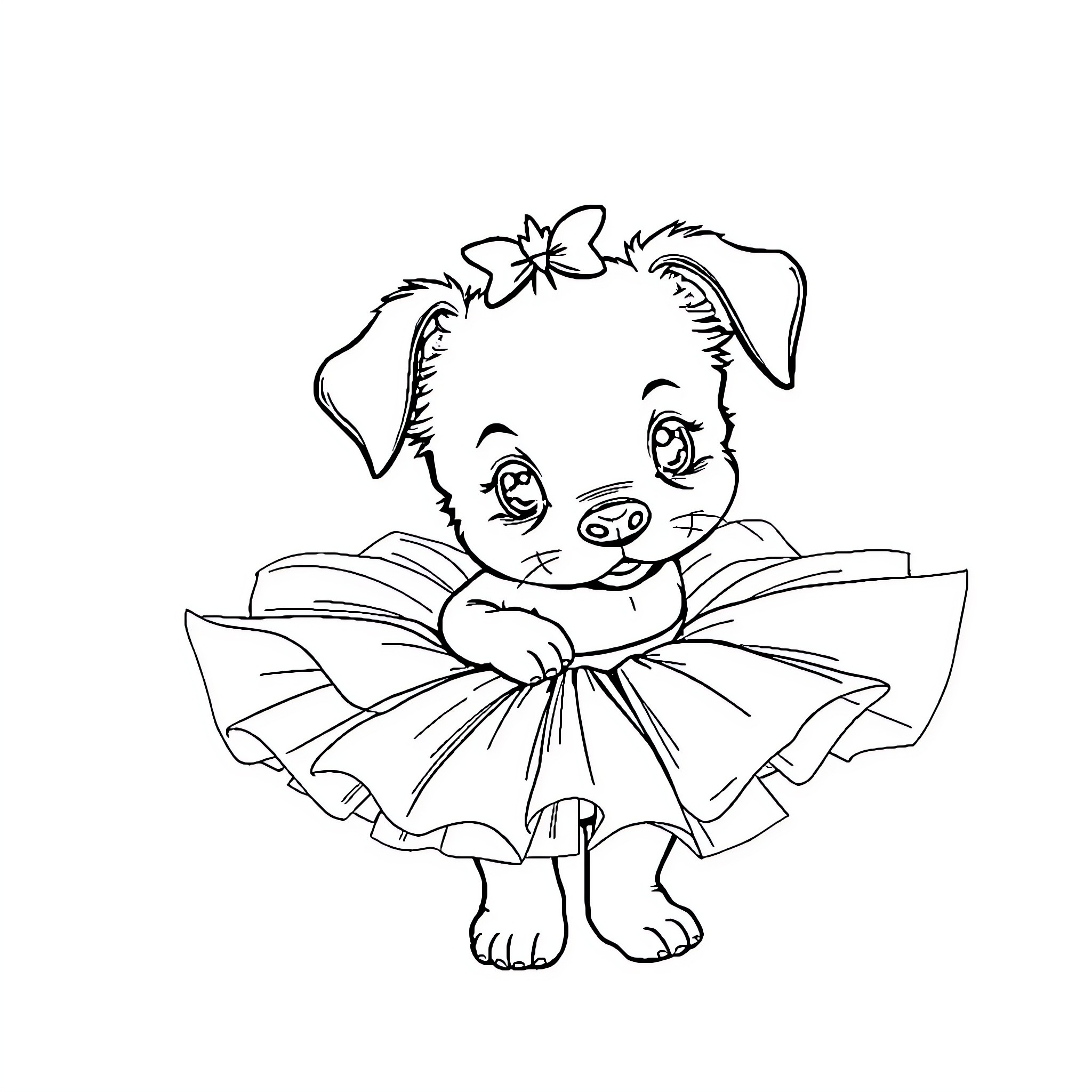Puppy dressed up in a cute outfit Coloring Page (free black-and-white line drawing printable PDF for all, from beginners to advanced learners, including children, teens, adults, and seniors)