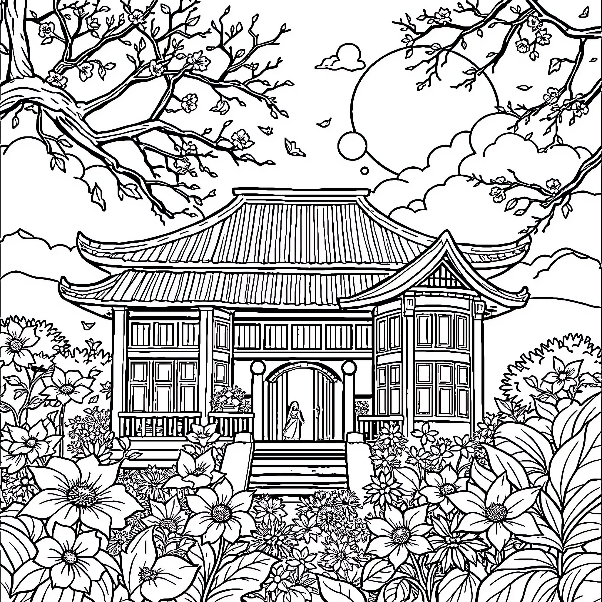 Nét Semi: Japanese Pavilion in Floral Landscape Coloring Page (free black-and-white line drawing printable PDF for all, from beginners to advanced learners, including children, teens, adults, and seniors)