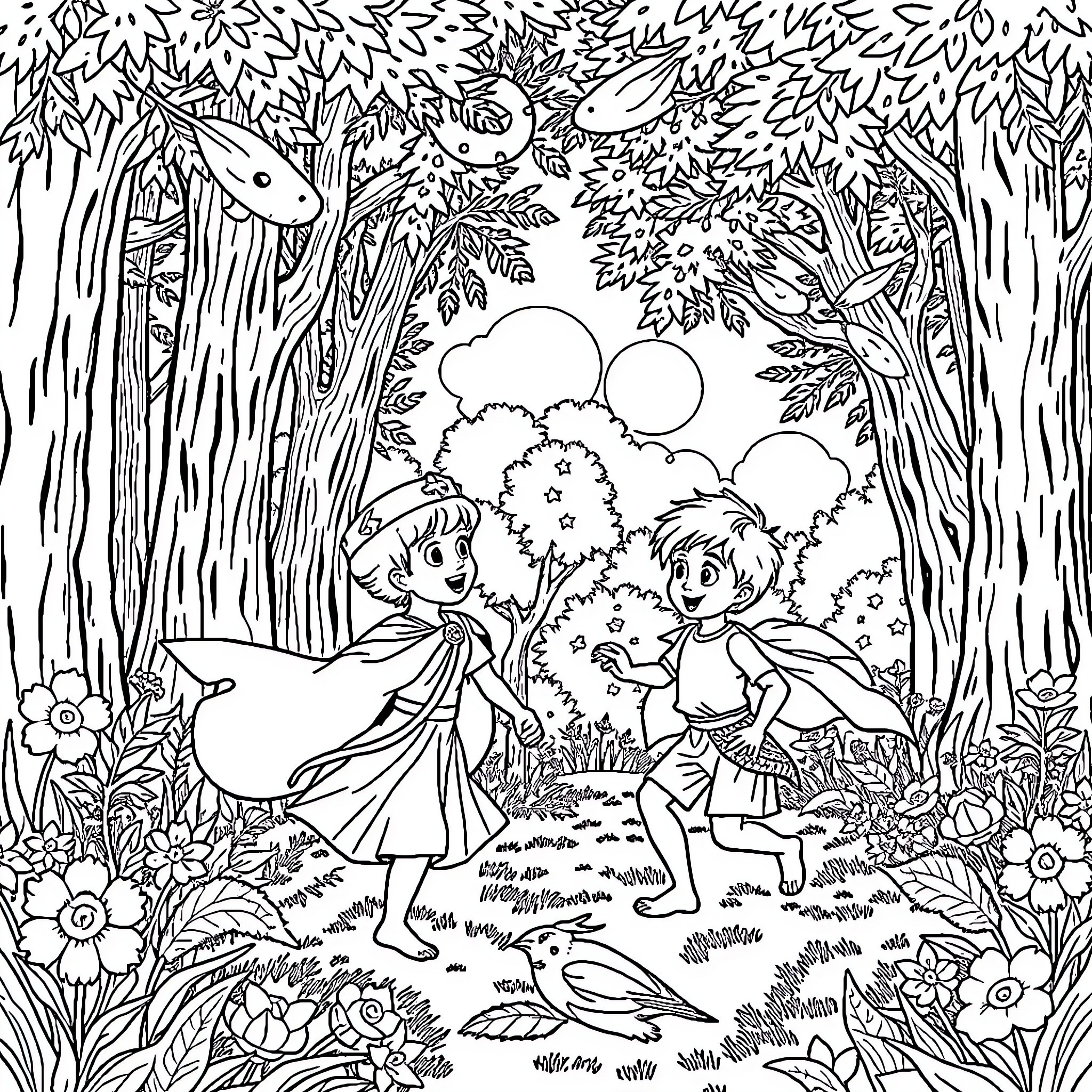 Prince and Princess Explore the Enchanted Forest Coloring Page (free black-and-white line drawing printable PDF for all, from beginners to advanced learners, including children, teens, adults, and seniors)