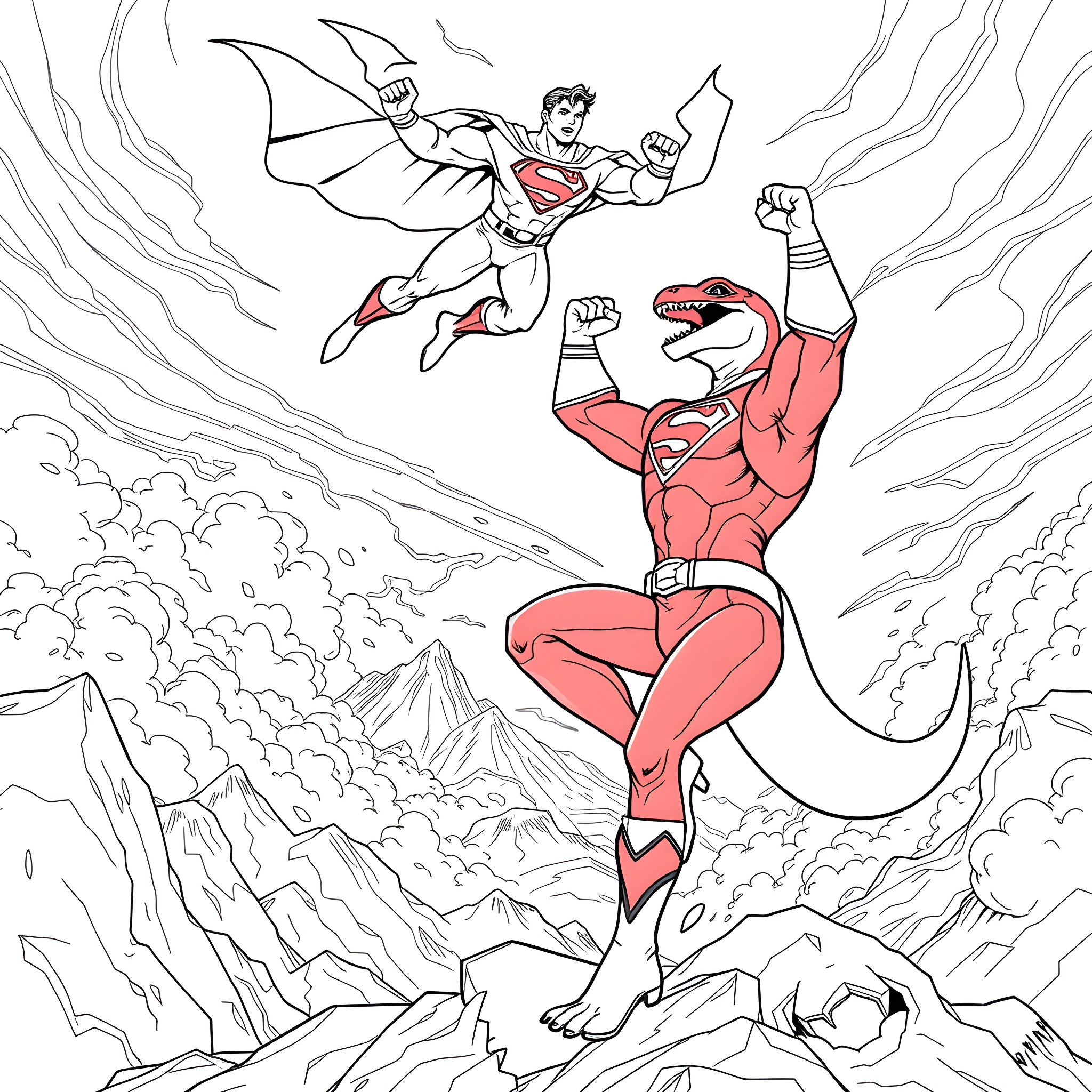 Power Ranger vs Dinosaur in Heroic Showdown Coloring Page (free black-and-white line drawing printable PDF for all, from beginners to advanced learners, including children, teens, adults, and seniors)